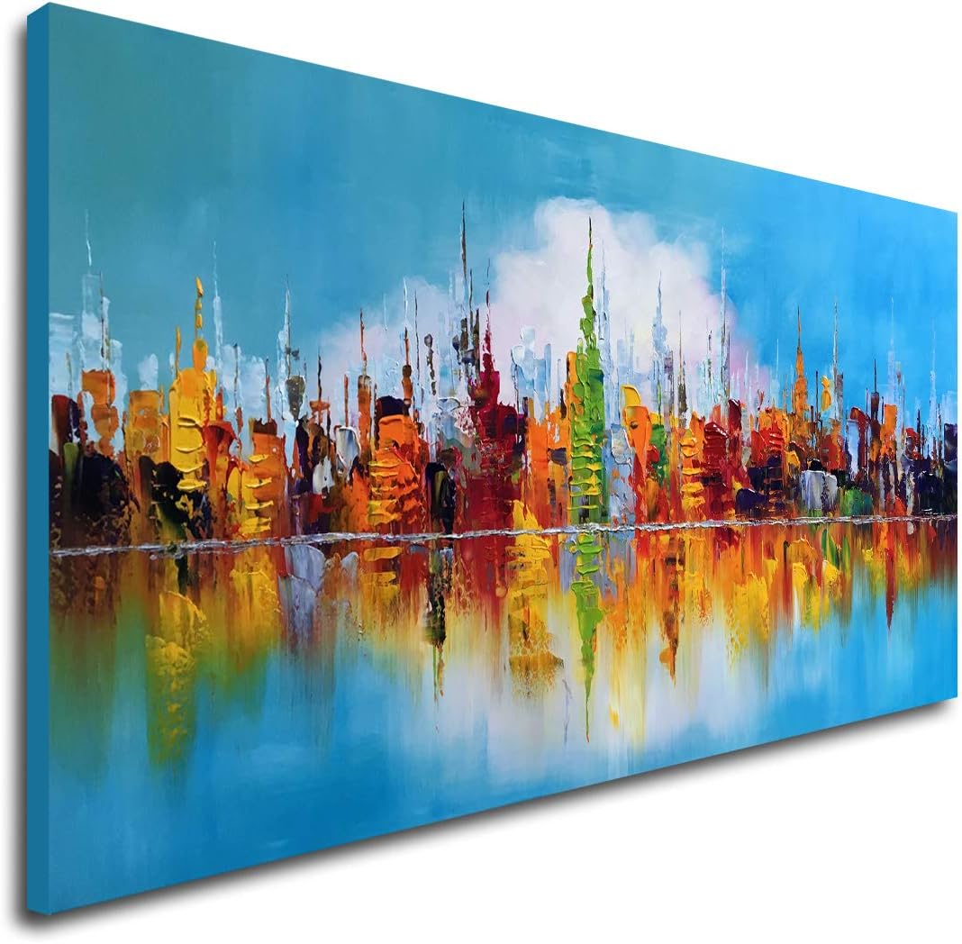Hand Painted Textured Cityscape Oil Painting on Canvas Abstract Wall Art Colorful City Reflections in Blue Sky Modern Canvas Artwork