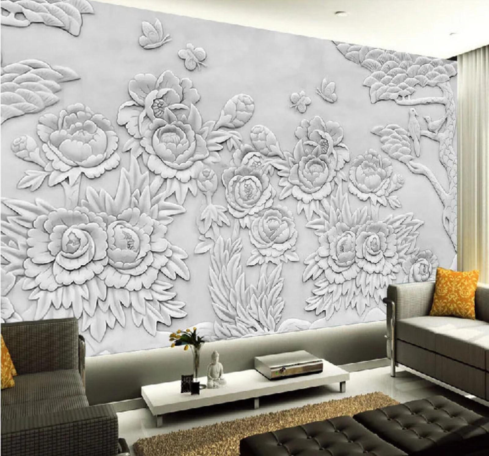 Wallpaper-3D-Xlm 350Cm×256Cm(B×H) Vintage Relief Peony And Butterfly Art 3D Wallpaper Easy Install Feature Office Living Room Sofa Bedroom Tv Background Wall Decoration-350Cm×256Cm