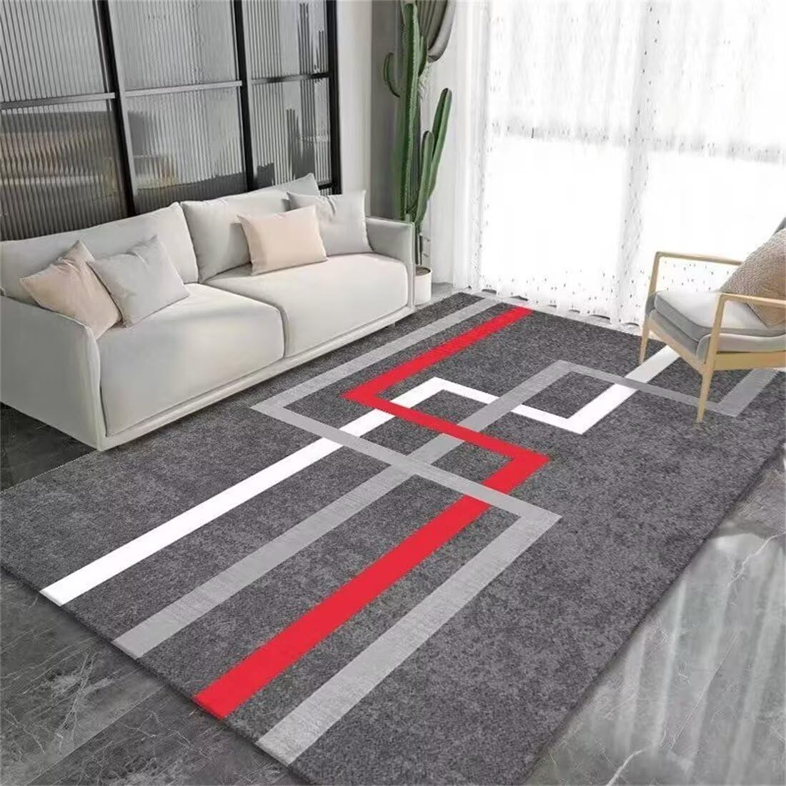 Tapis 130x190cm à motif moderne à rayures contrastées gris et rouge vif