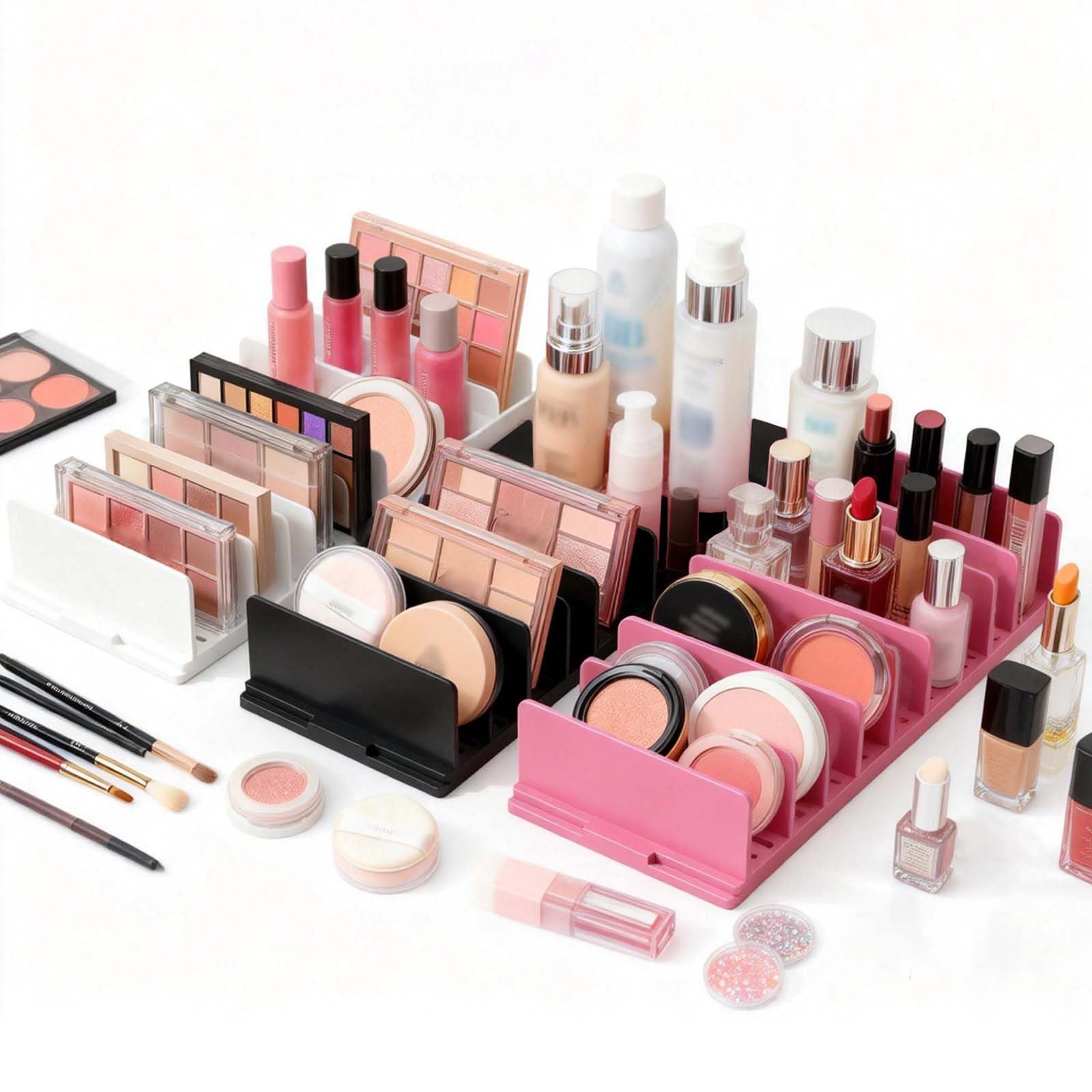 Adjustable Makeup Organizer with Movable Dividers, Acrylic Cosmetic Storage Display Case for Eyeshadow Palettes, Lipsticks, Desktop or Drawer Organization (White)