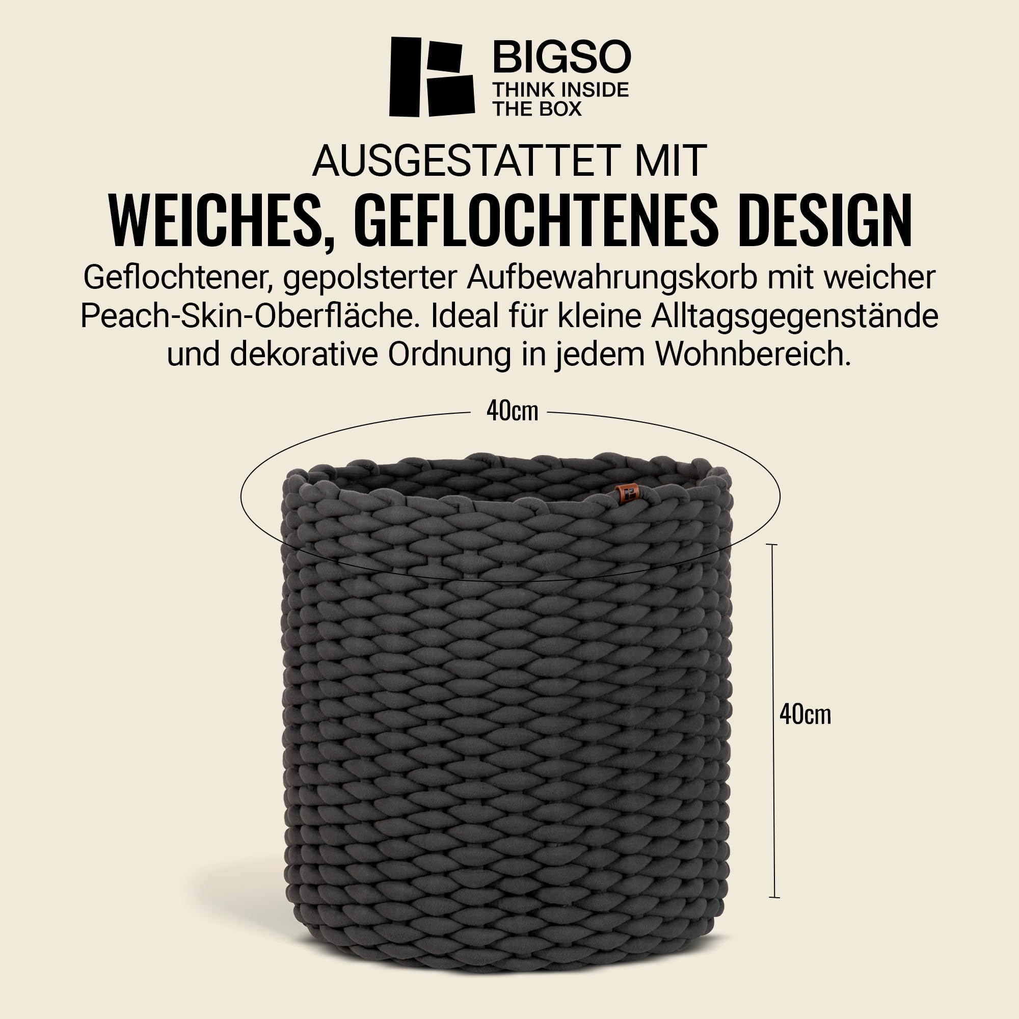Bigso runder Aufbewahrungskorb aus weichem Stoff, geflochtener Storage Basket, super soft Oberfläche, großer Ordnungshelfer für Wohnzimmer, Schlafzimmer & Kinderzimmer, Größe XL, Grau