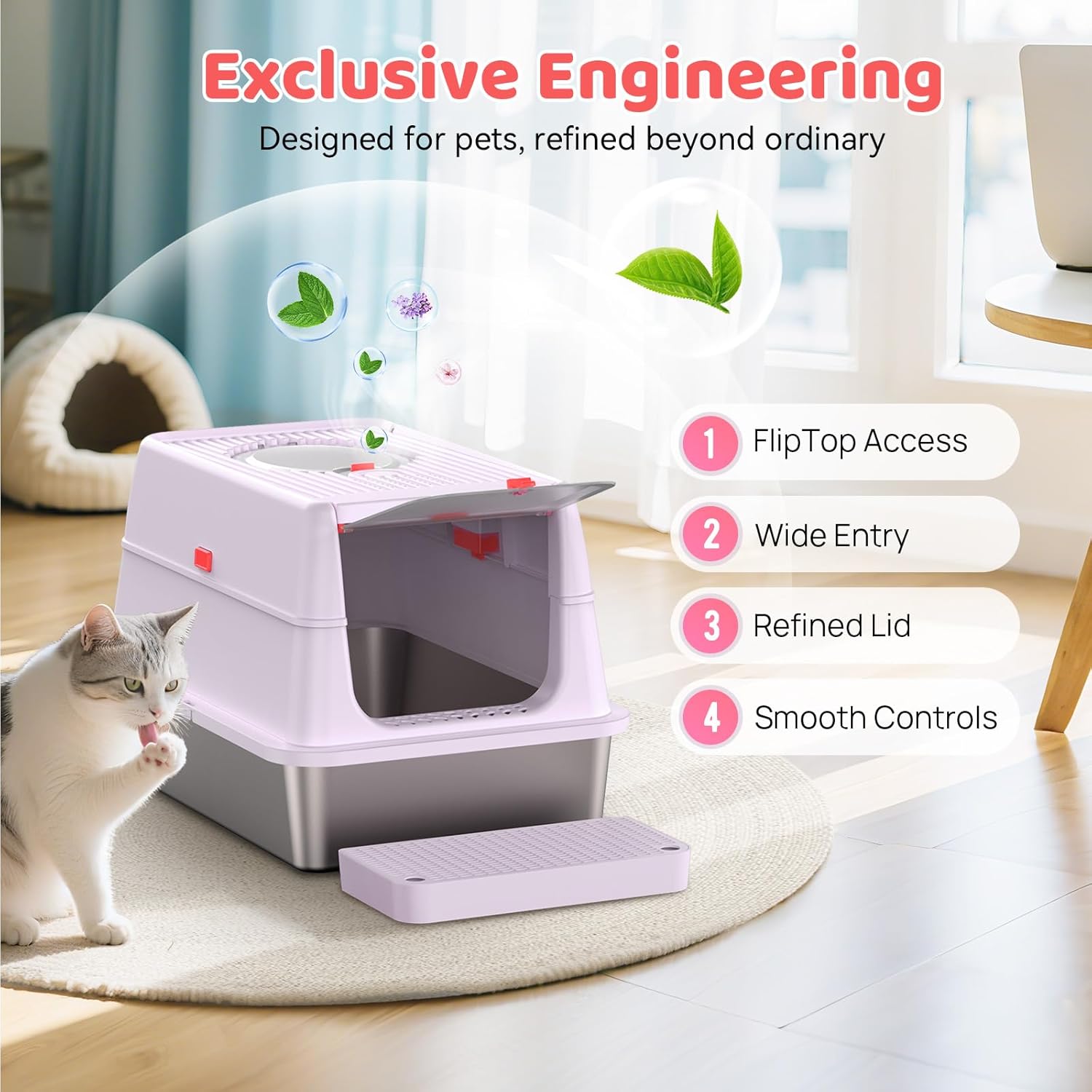 Stainless Steel Cat Litter Box with Lid, 180° Flip Top Kitty Litterbox, XL High Sided Enclosure Litter Pan for Big Cats, Front & Top Entry, Anti-Leakage, Odor-Free, Includes Scoop Mat, Purple