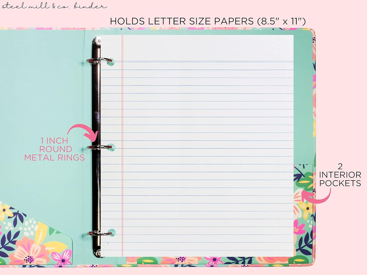 Steel Mill & Co Cute Decorative Hardcover 3 Ring Binder for Letter Size Paper, 1 Inch Round Rings, Floral Binder Organizer for School/Office, Mint Floral : Office Products