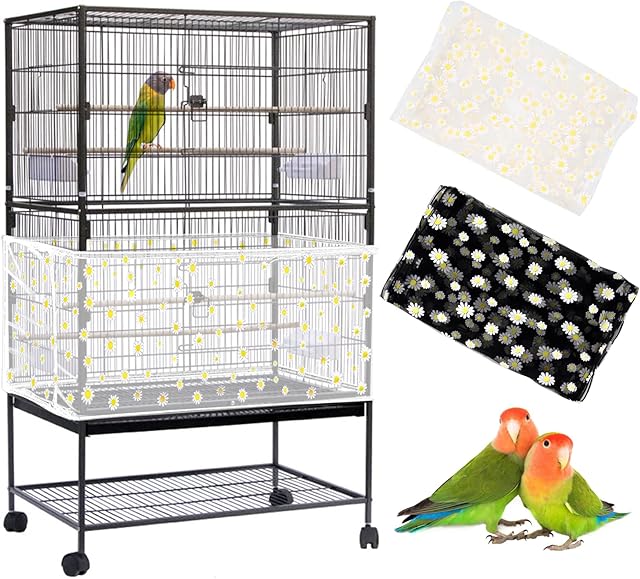 2Pcs Large Bird Cage Cover, Bird Cage Seed Catcher, Adjustable Soft Nylon Mesh Net with Daisy Pattern, Birdcage Cover Skirt Seed Guard for Parrot Parakeet Macaw Round Square Cages (White+Black)