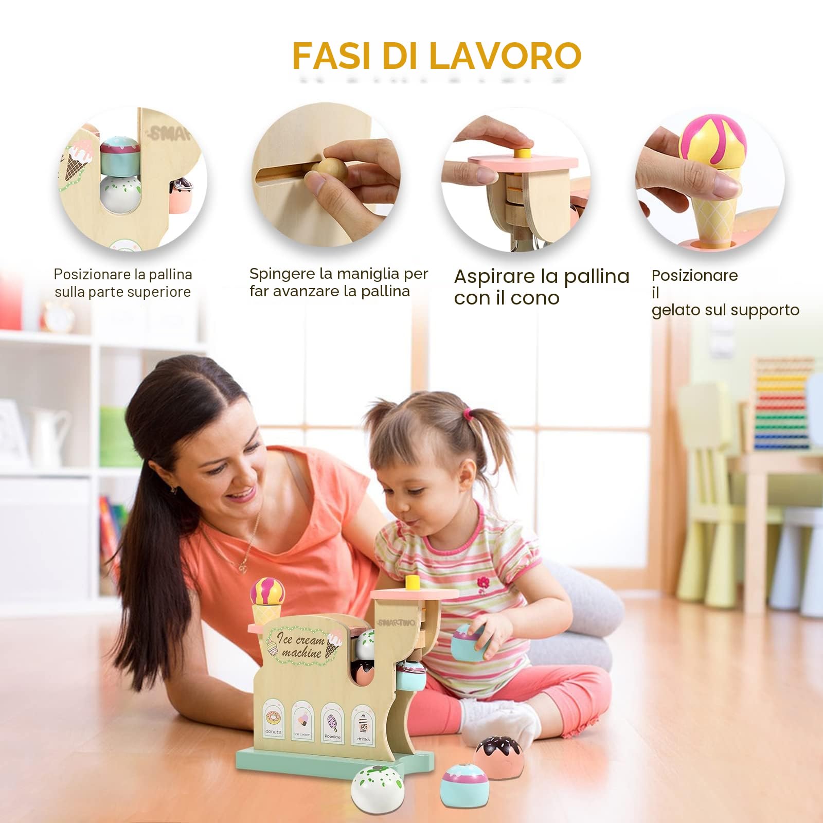 Gelatiera per Bambini in Legno, Giochi Gelato Bambina, Macchina Gelato Bambini, Cucina Giocattolo per Bambini, Accessori Cucina Legno, Regalo per Bambina 3 4 5 6 Anni