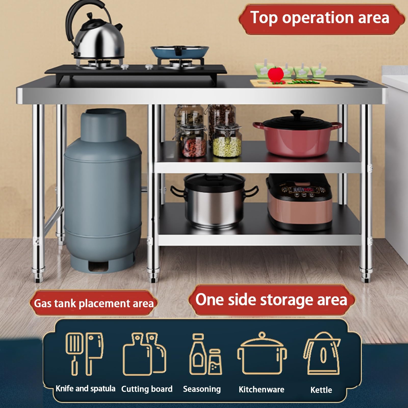 Tavolo da Preparazione, Tavolo da Cucina in Acciaio Inox, banco da Lavoro regolaering, Tavolo da Lavoro Resistente per la Preparazione di Alimenti per ristoranti, casa e Hotel - 120x60x80 cm