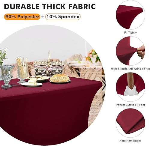 Miniatura 3 de Paquete de 2 manteles rectangulares de elastano de 6 pies, color borgoña, tela elástica, manteles de licra de 6 pies sin arrugas para fiestas,