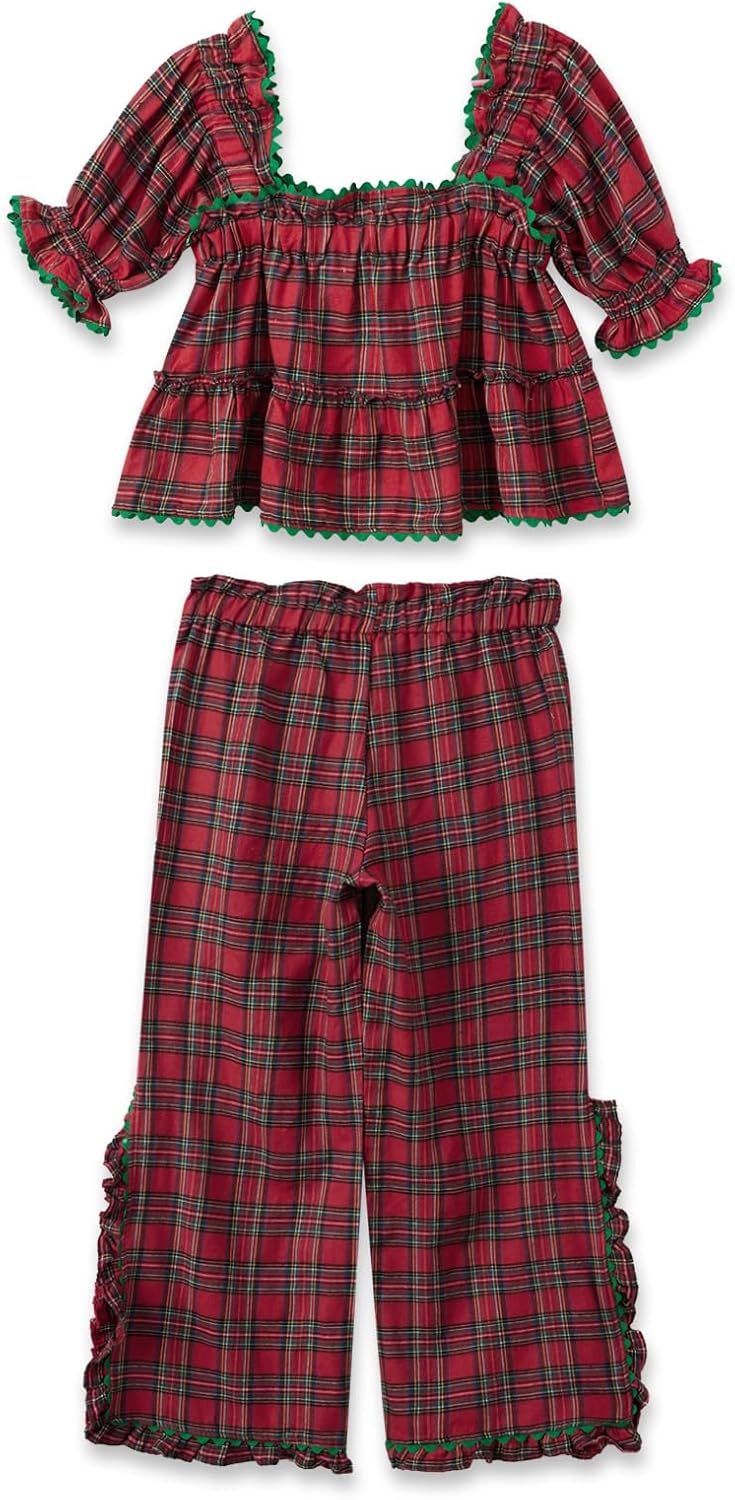 Bocymolay Women Christmas Red Plaid Pajamas Set Gingham Short Sleeve Babydoll Shirt Ruffle Pants 2 Piece Pj Loungewear - Image 7
