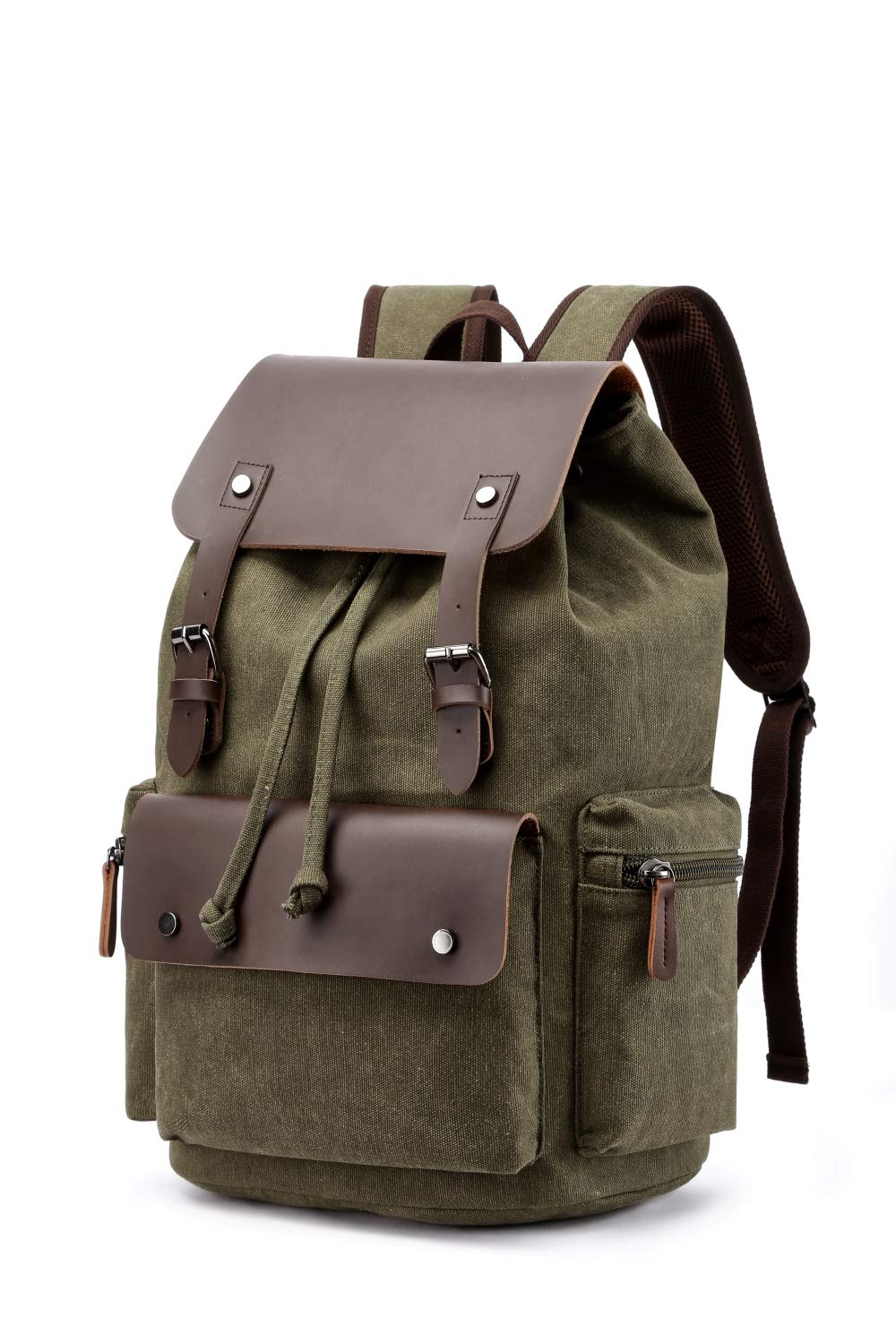 Zaino Vintage in Tela e Pelle, Grande Capacità Multi-Tasca per Università, Viaggi & Lavoro, Zaino Impermeabile per Scuola (Verde Oliva)