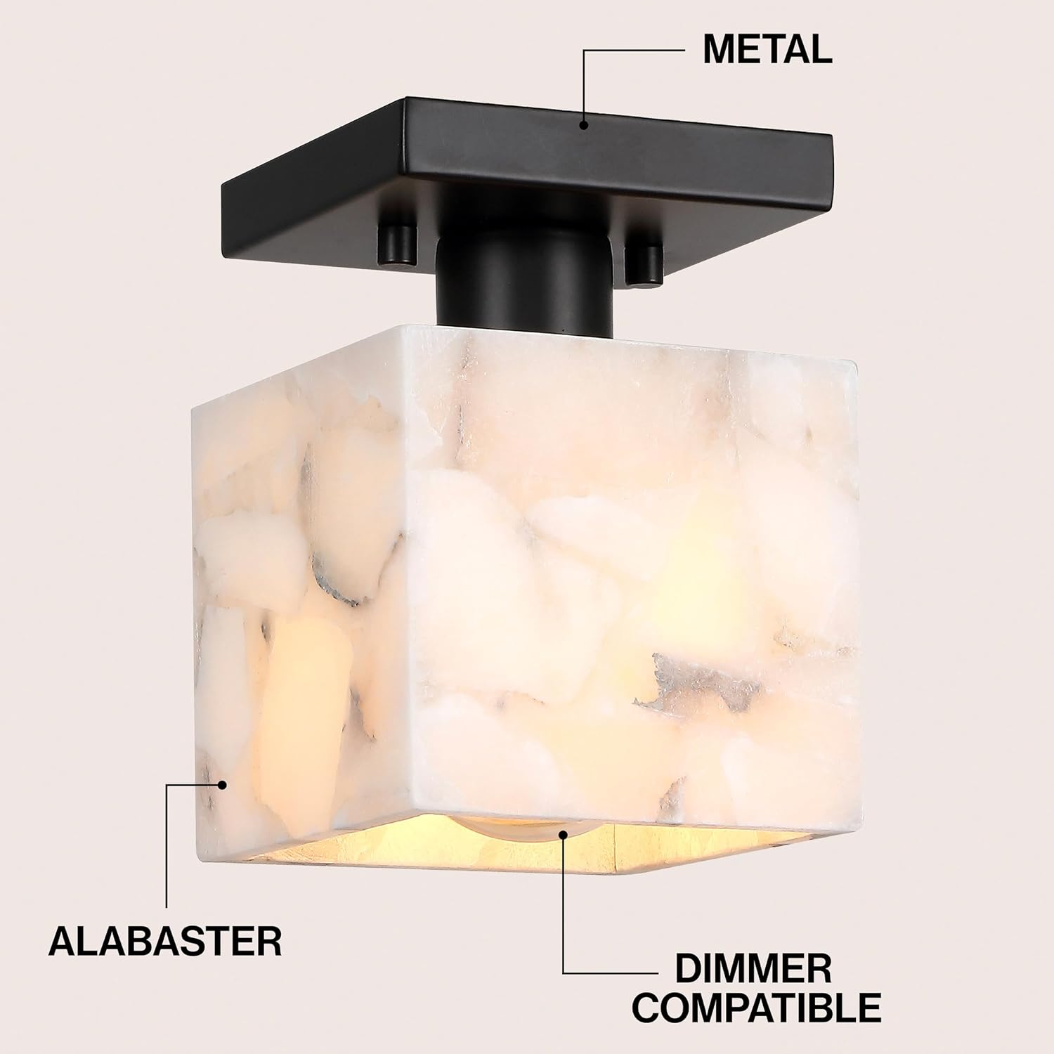 JONATHAN Y 5" White Marbling/Black Modern 1-Light Semi Flush Mount Ceiling Light for Bedroom, Cube White Alabaster Marble Shade, Mid-Century Minimalist Fixture, LED Bulb Included (JYL1202B)