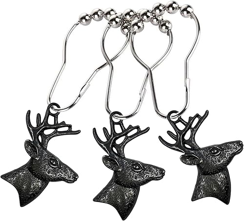 Miniatura 3 de Juego de 12 ganchos para cortina de ducha de ciervos, anillos rústicos para baño, decoración temática de Navidad, cuernos de reno, madera de ciervo
