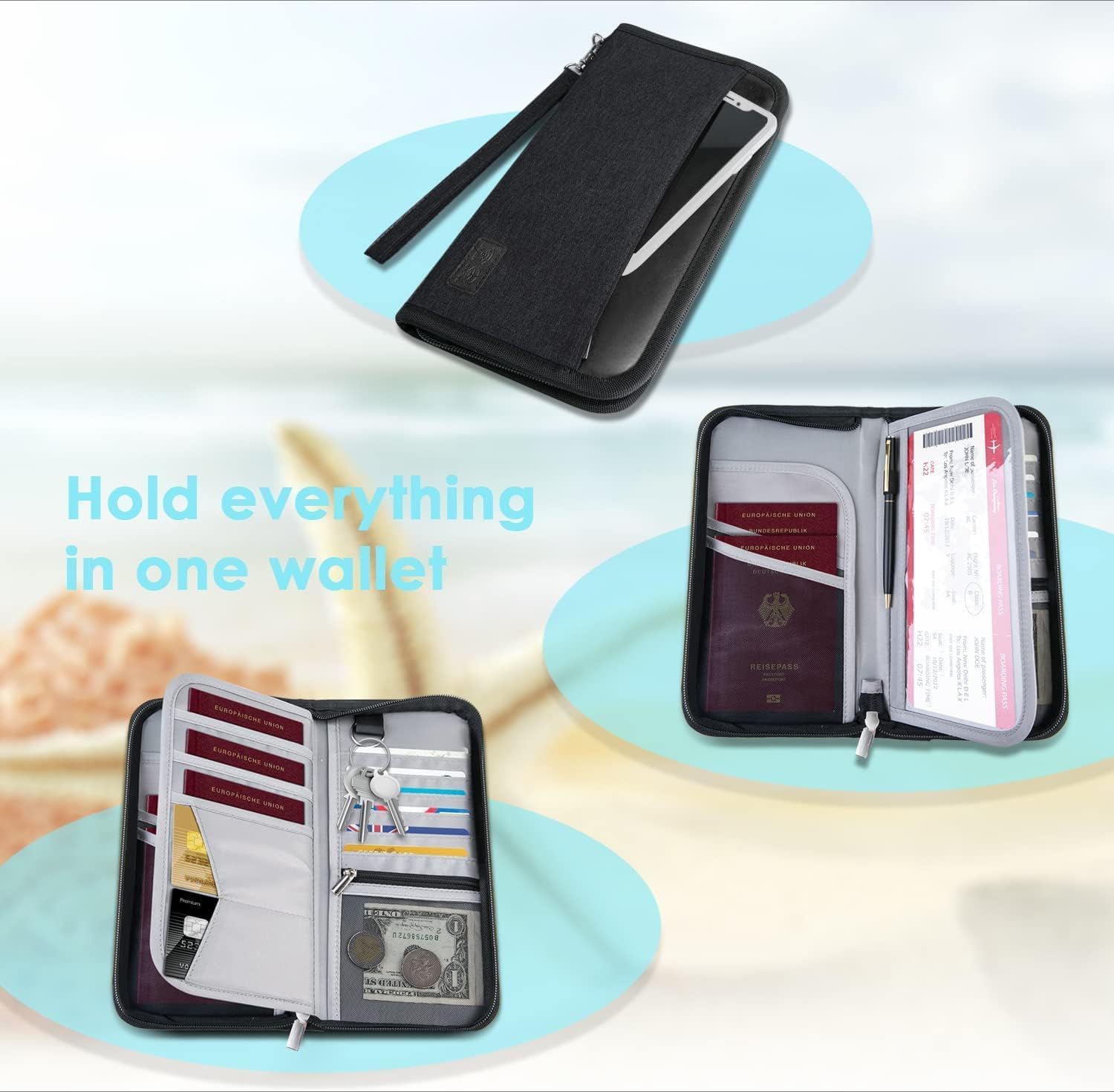 Cartera de piel auténtica RFID para pasaporte familiar, impermeable, artículos esenciales de viaje, Negro1, Vintage