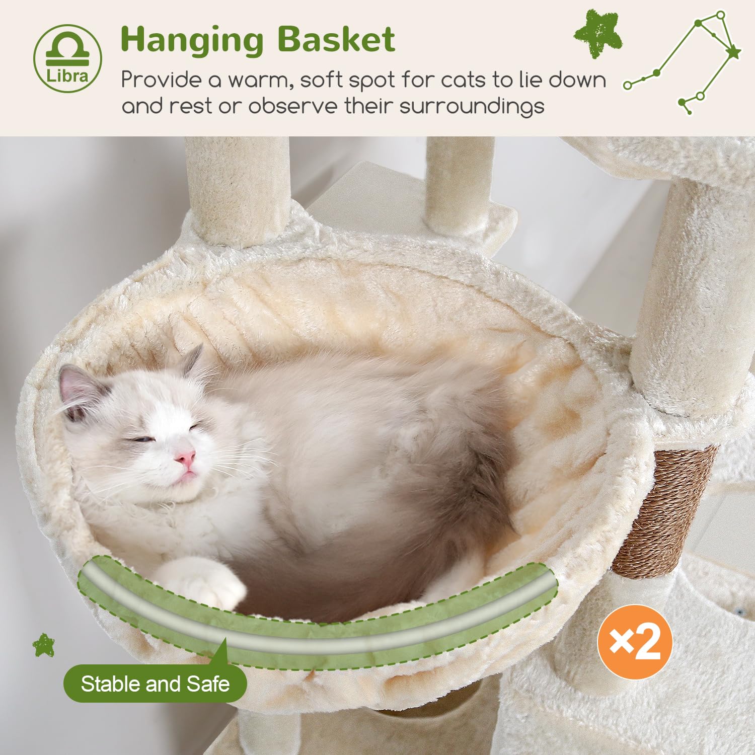 Globlazer Árbol Rascador Beige XXL Alto 200 cm con 2 Grandes Nidos, 2 Grande Plataformas, 2 Tabla Rascar Sisal, 2 Cesta, Estable Árbol Torre para Grande Gato 3-5 Adulto Gatos Más de 7 kg (Z78, Beige)
