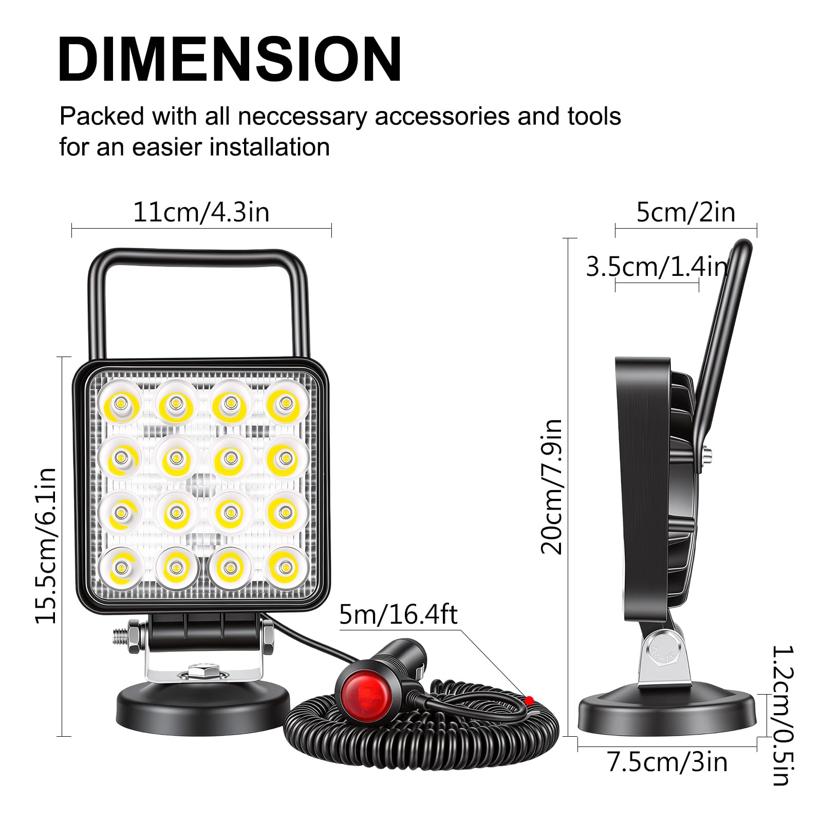 RIGIDON 2 Pcs Lámpara trabajo led portatil, 4 pulgadas 48W, Spot lámpara para off road camión coche todoterreno SUV 4x4 vehículos, Faros trabajo led con imán 12v 24v Spotlights, 6000K