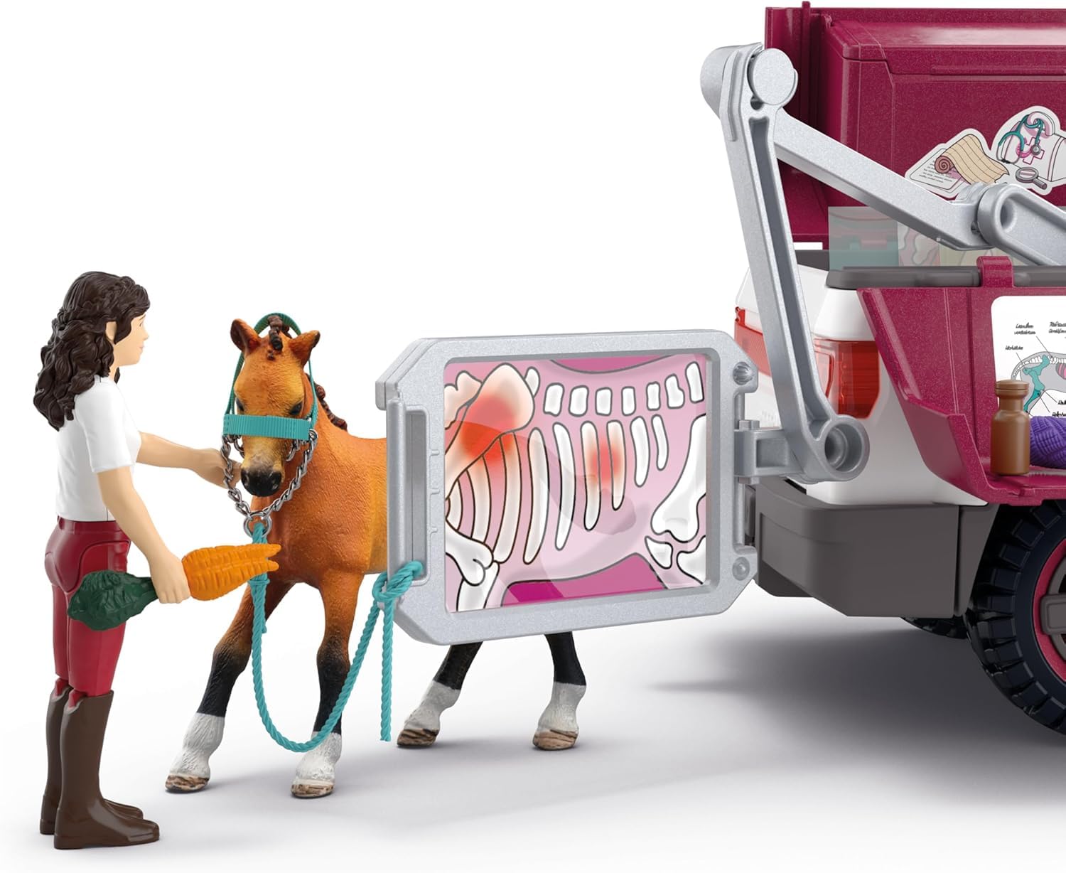schleich HORSE CLUB | Weterynarz mobilny z przyczepą 42704 | Zestaw Pick-up & przyczepa, 1 koń, ruchoma figurka i akcesoria | Prezent dla dziewczynek i chłopców | Zabawka od 5 lat | 90 elementów