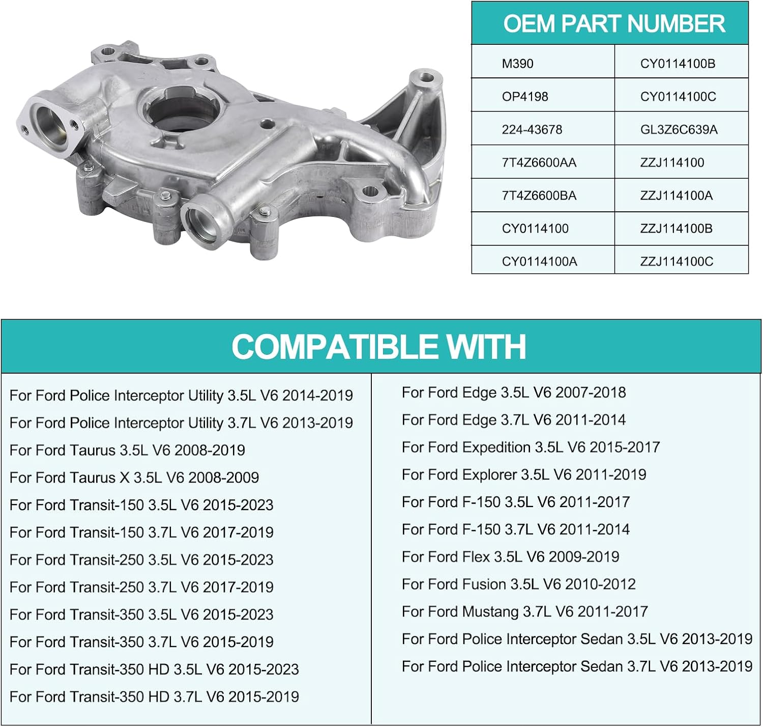 M390HV OP4198 Oil Pump 3.5L 3.7L V6 2007-2023 For Ford Edge Expedition Explorer F150 Flex Fusion Mustang Police Taurus Transit-150 250 350,Replace # 7T4Z6600BA CY0114100 GL3Z6C639A ZZJ114100