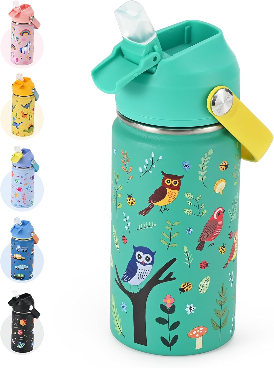 Kids Water Bottle 14oz with Silicone Straw Lid – Insulated Toddler Water Bottle Stainless Steel Keeps Cold 24H, Leak Proof & Birds Prints Design | Custom Name Tag for School, Daycare, Travel