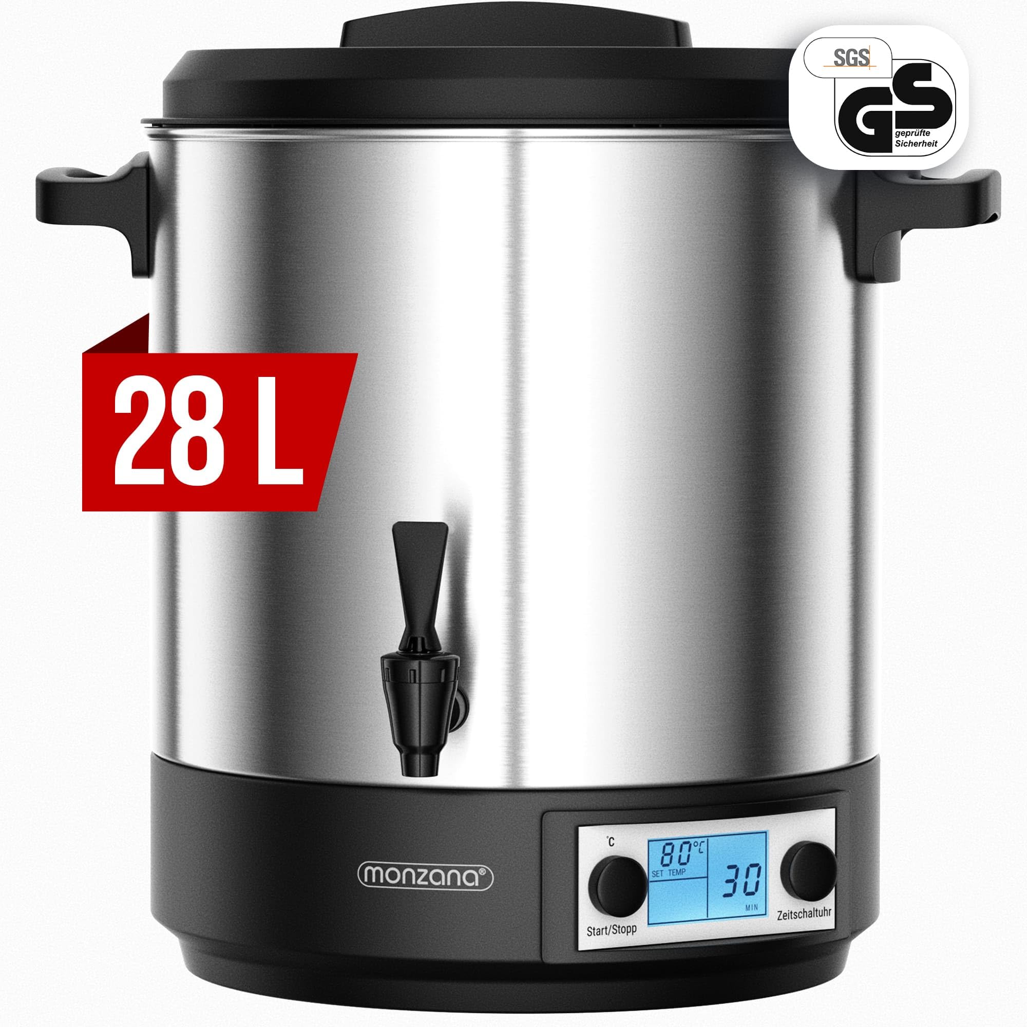 MONZANA® Einkochautomat 28L Digital mit Zapfhahn Thermometer 30-110°C Timer BPA-frei Edelstahl 2000W Glühweinkocher Einkochtopf Heißgetränkeautomat