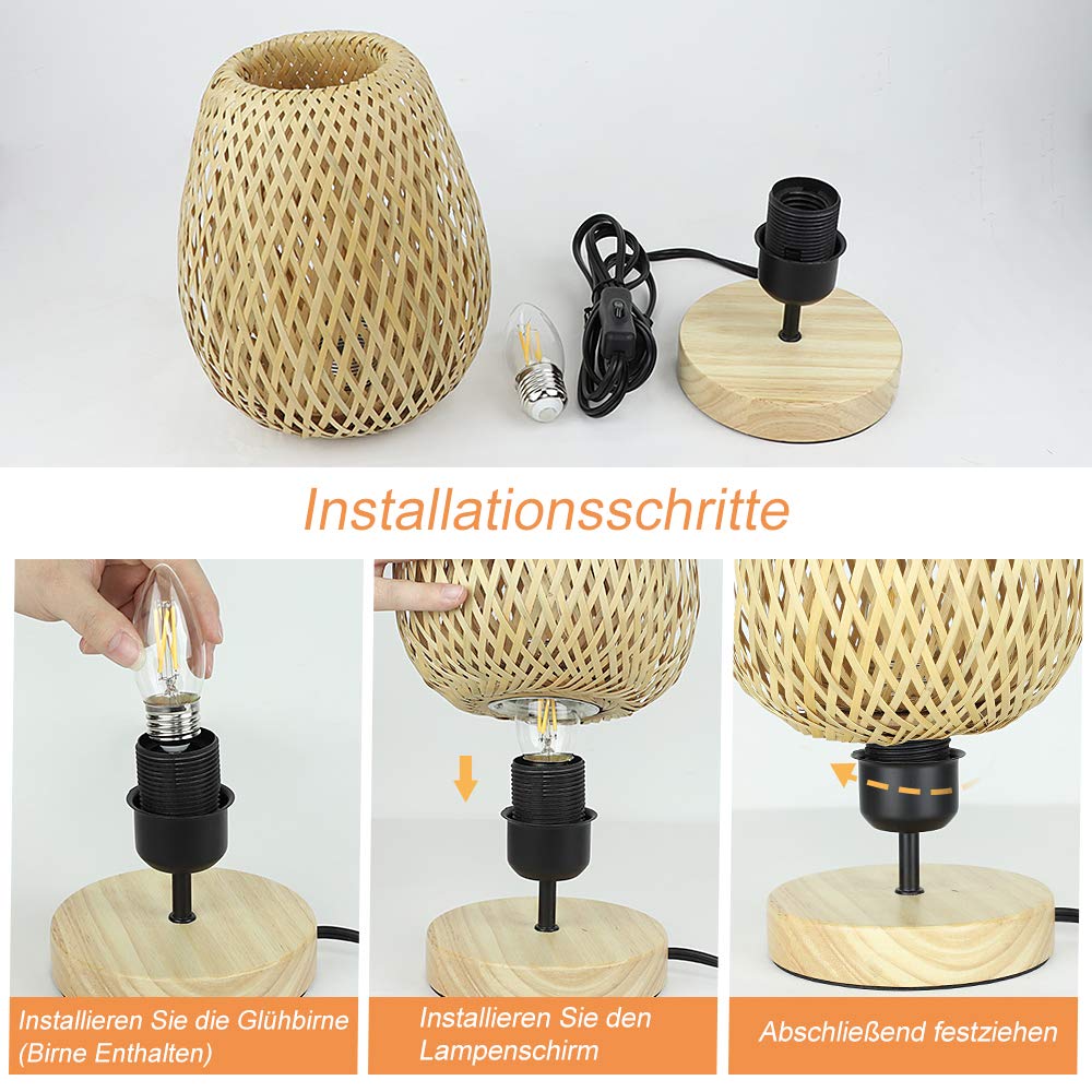 Depuley Modern LED Tischlampe Rattan aus Bambus und Holz, Dekorative Nature Tischleuchte mit E27-Fassung max. 60 Watt, Nachtlicht Leselampe für Schalfzimmer Kinderzimmer, Glühbirne enthalten