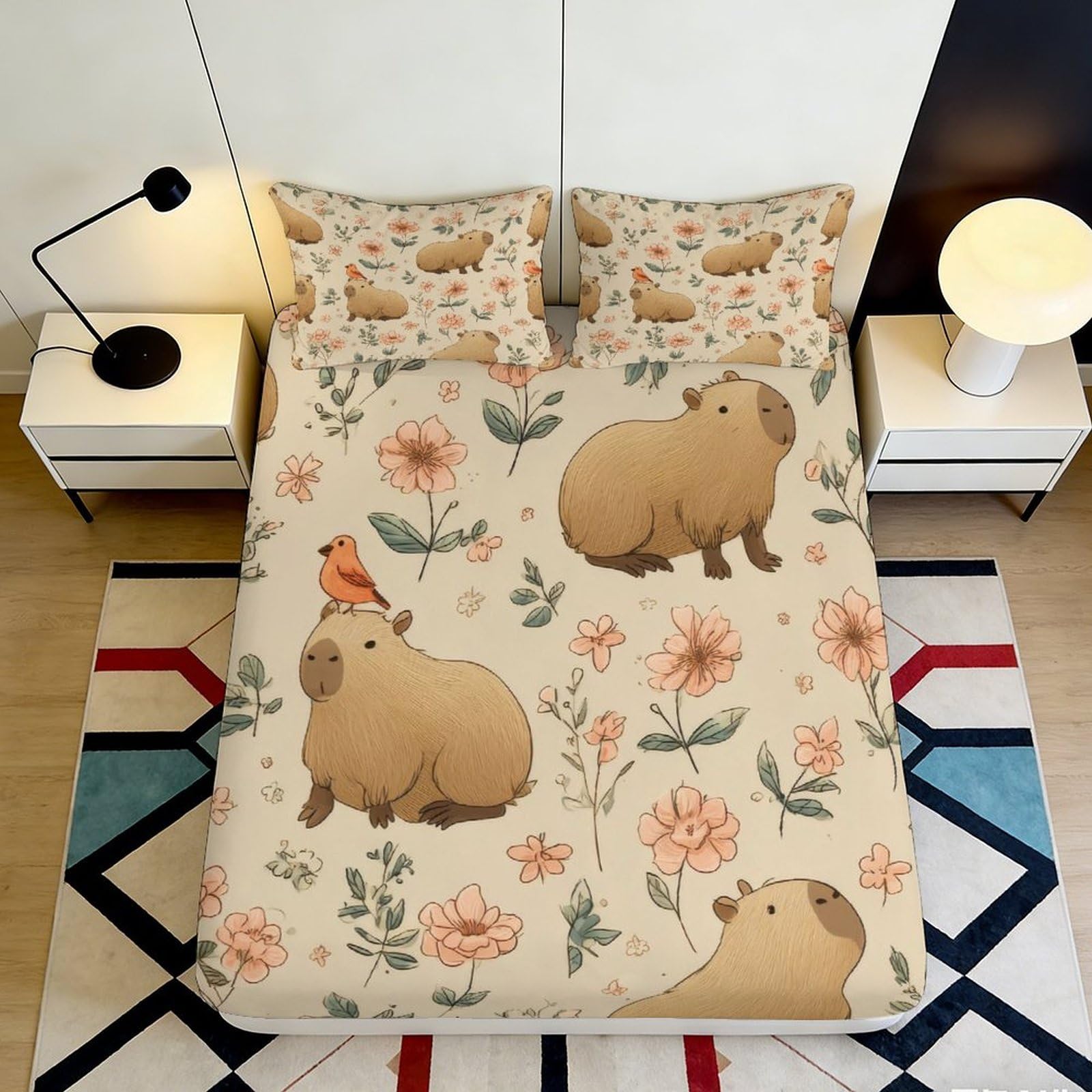 3D Printed Capybara Floral Fitted Sheet Microfiber Beige Animal Bird Mattress Cover for Bedroom Dorm Décor Protection 160x200x25cm