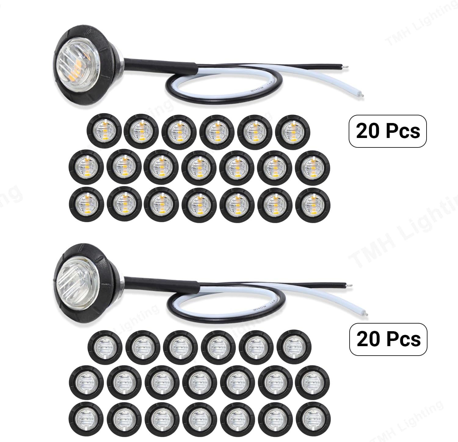 TMH 20 Clear Lens Amber + 20 Clear Lens Red LED 3/4 Inch Mount 3LED Clearance Bullet Marker Lights, Side Marker Lights for Trailer Truck RV Car 12V DC