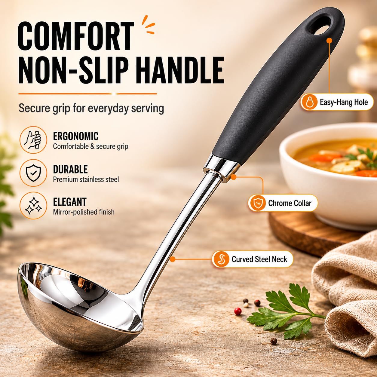 Cucharón de acero inoxidable cepillado con mango ergonómico antideslizante