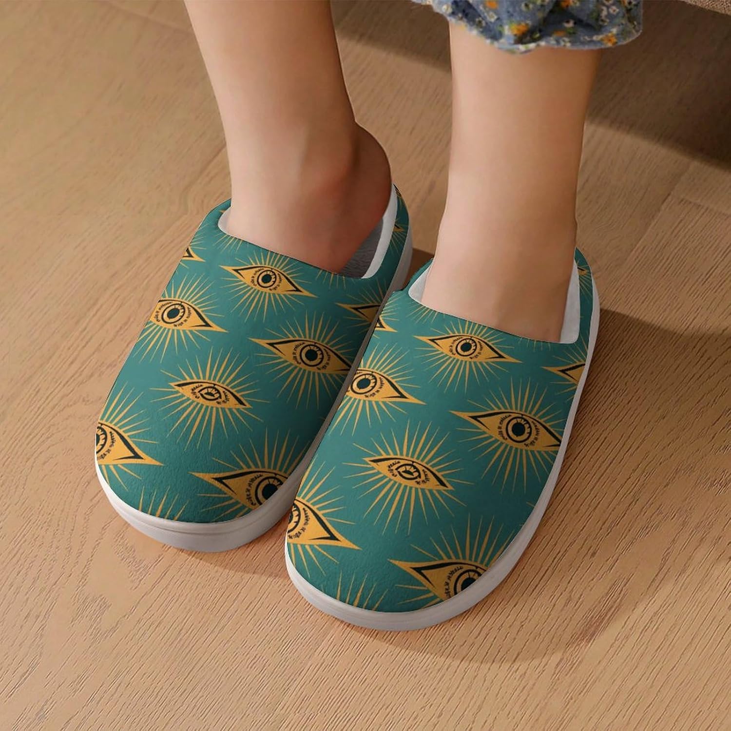 Green Evil Eye Moon Cute Cotton Slippers Anti-slip House Shoe Slipper Indoor Outdoor