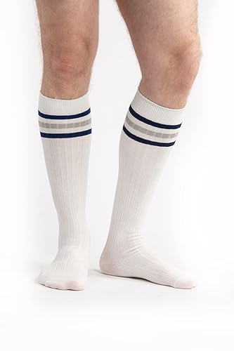 Miniatura 4 de 4 calcetines de algodón a rayas hasta la rodilla para hombre, calcetines sobre la pantorrilla, calcetines de vestir, talla 9-11