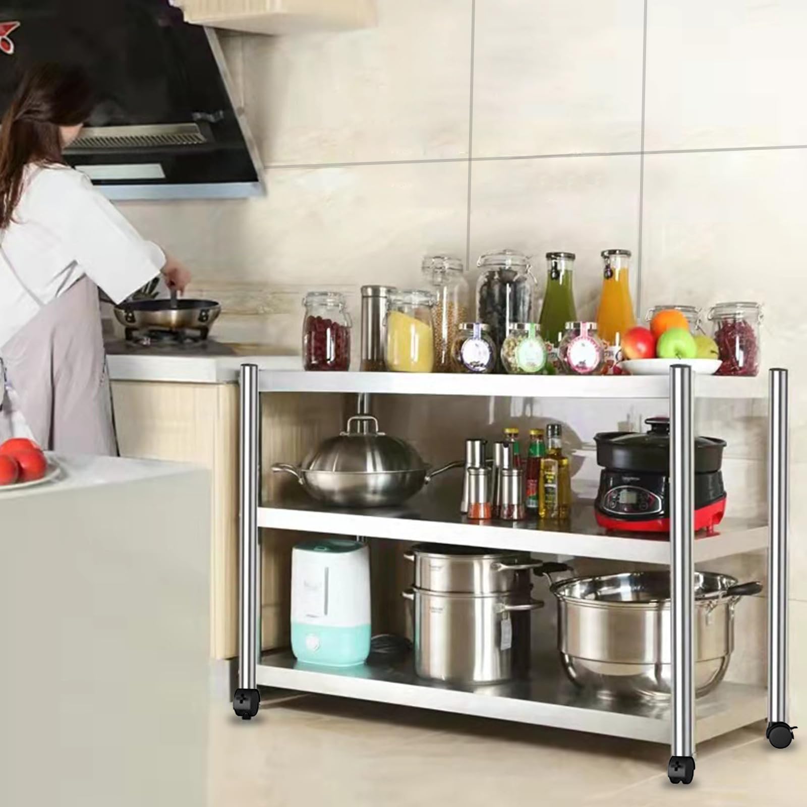 Carrito rodante delgado de 3 niveles con ruedas debajo del mostrador para cocina, oficina y lavandería, carrito deslizante para ahorrar espacio