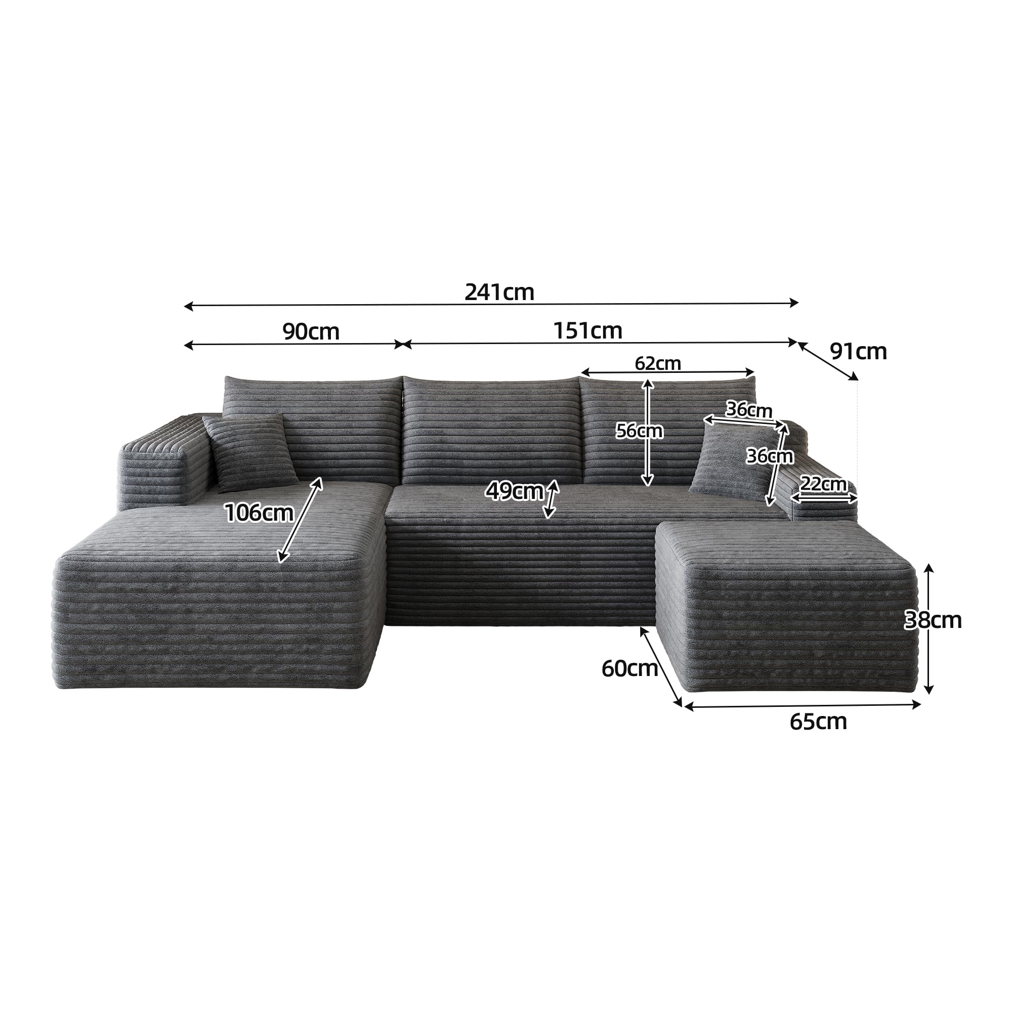 Divano angolare con funzione letto, 241 cm, motivo nuvole, divano letto modulare a forma di U, 3 posti con 2 ottomani, divani sezionali per soggiorno, non richiede montaggio, grigio scuro