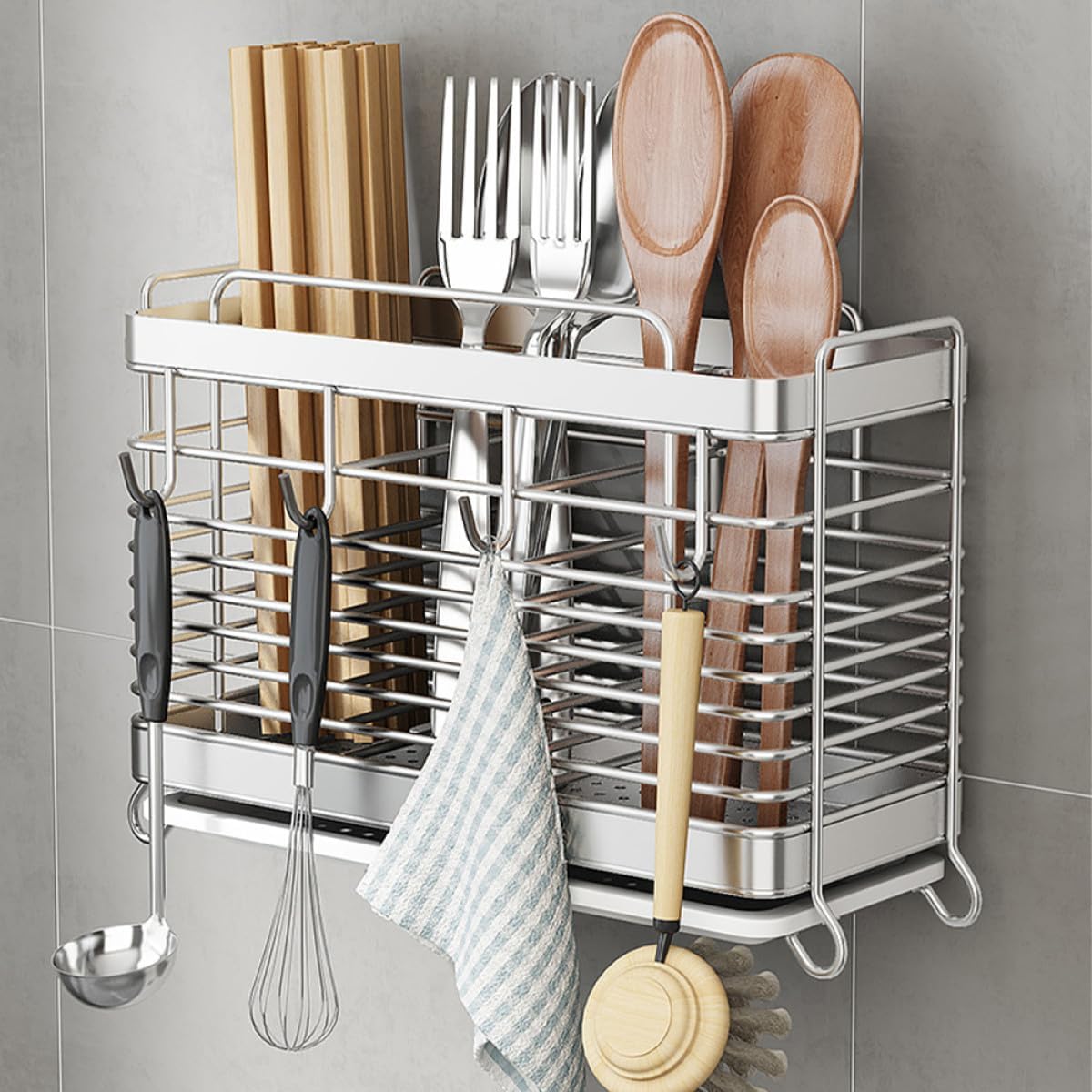Stainless Steel Utensil Holder with Hooks and Drip Tray, Kitchen Cutlery Container and Flatware Drainer Rack, Wall-Mount or Countertop Organizer for Kitchen Storage