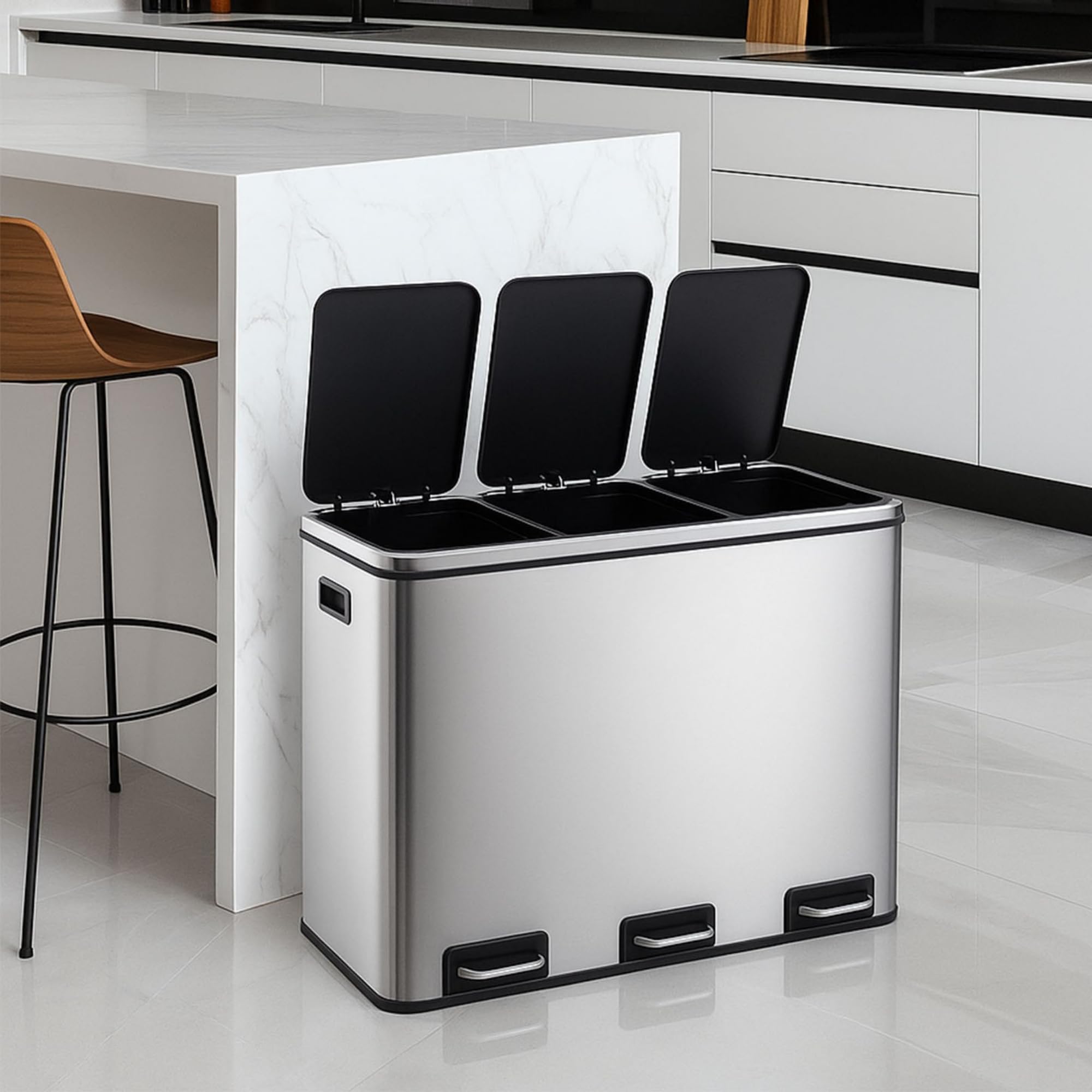 casa pura Abfalleimer Felix | Edelstahl Mülleimer mit Pedal | 2 fach Mülltrennsystem für Küche und Büro | 30 oder 60 Liter | Trend Farben zur Auswahl (Silber, 3 x 18 Liter)