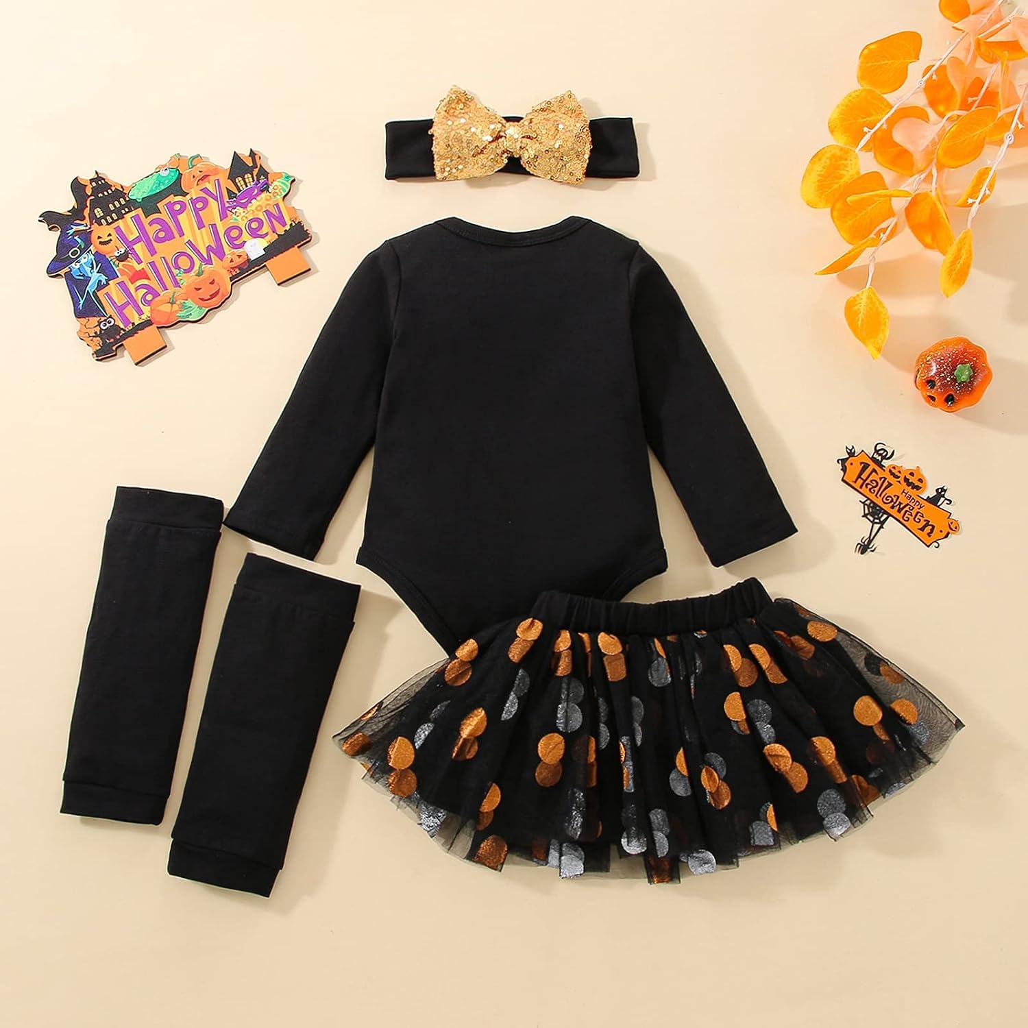 My 1st Halloween Baby Girl Outfits Newborn Skirt Pumpkin Ghost Romper Headband Leg Warmer 4Pcs Set 0-18 Months