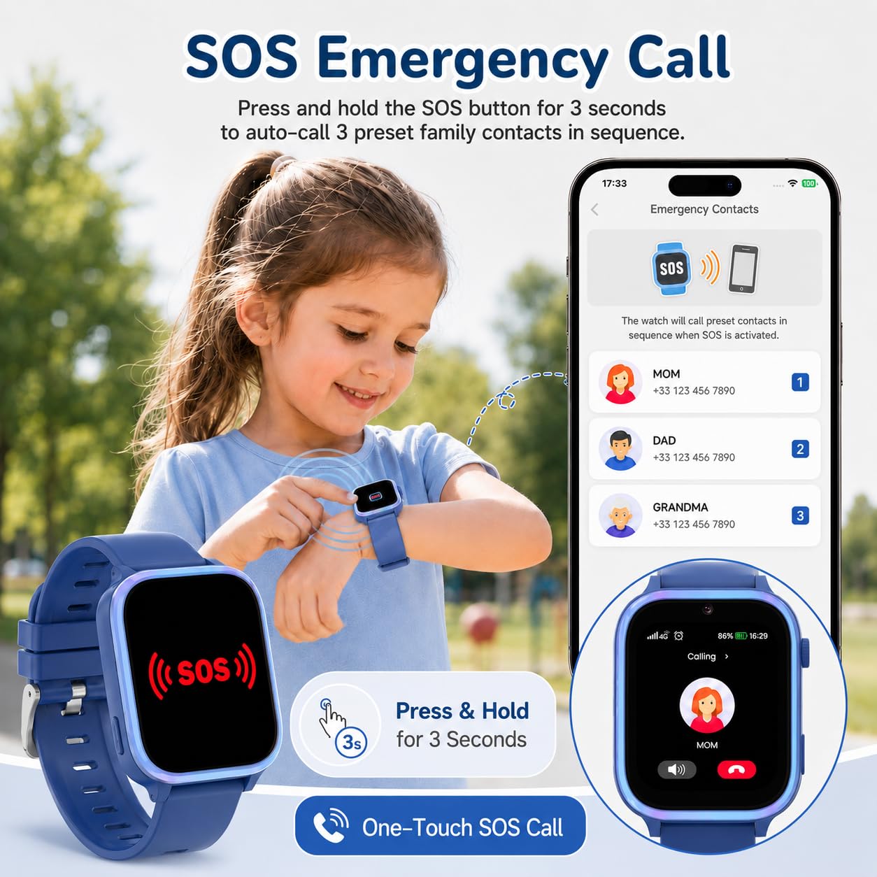 4G Smartwatch Bambini con GPS e Videochiamate, Orologio Telefono con SOS | Localizzatore WiFi e LBS Batteria 700mAh Modalità Scuola Chat Vocale Torcia Sveglia IP68 Regalo per Ragazzi Ragazze 5-12 Anni