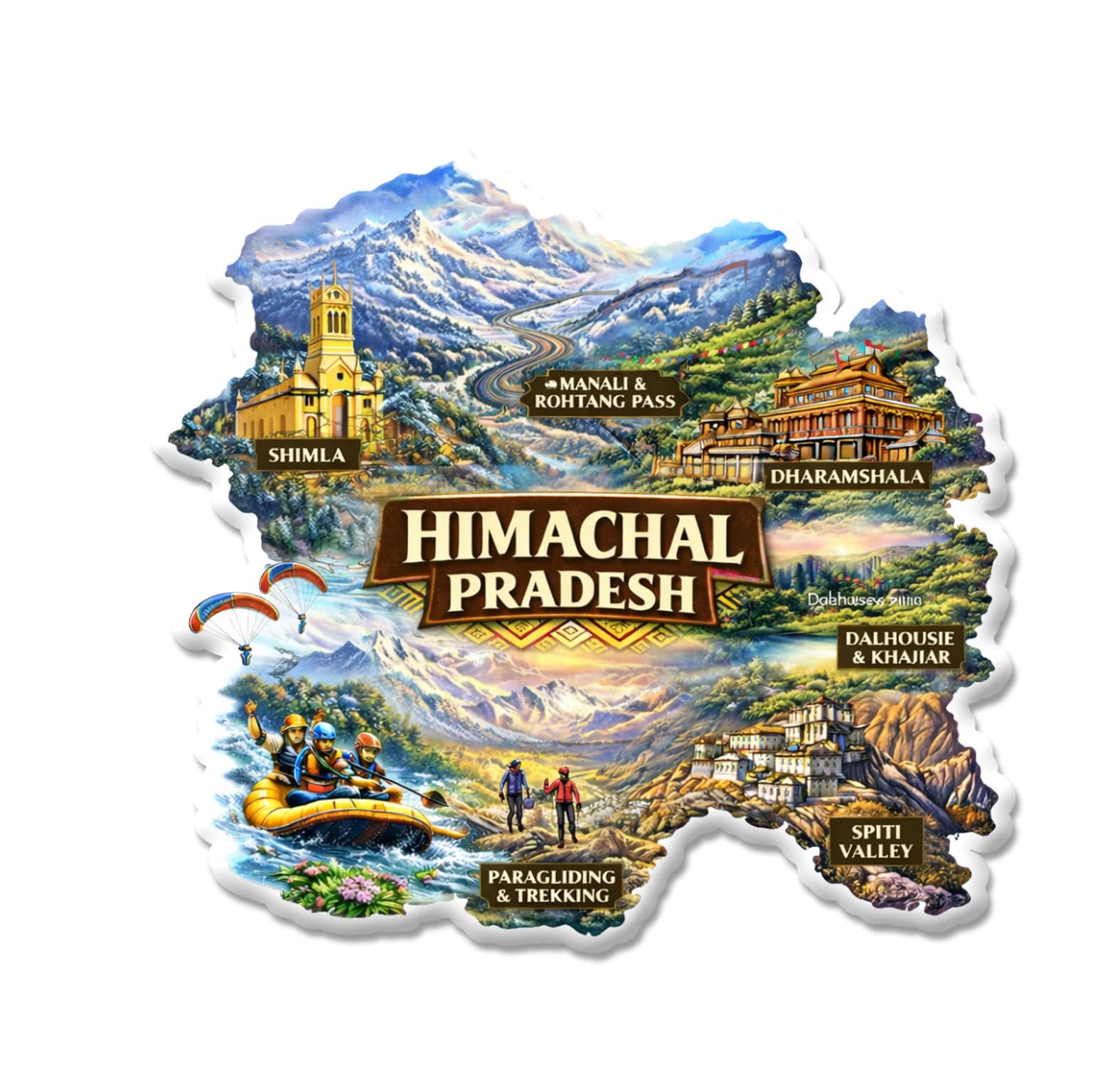 PRINTNX Indian State Himachal Pradesh Theme Souvenir Wooden Fridge Magnet for Refrigerator | Multicolor Decorative Magnet | Travel Souvenir & Home Kitchen Décor Gift | Set of 1