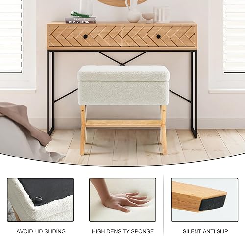 Miniatura 5 de Otomana de almacenamiento, taburete tapizado con patas en X de madera, taburete de mediados de siglo para tocador, otomana para dormitorio, sala de