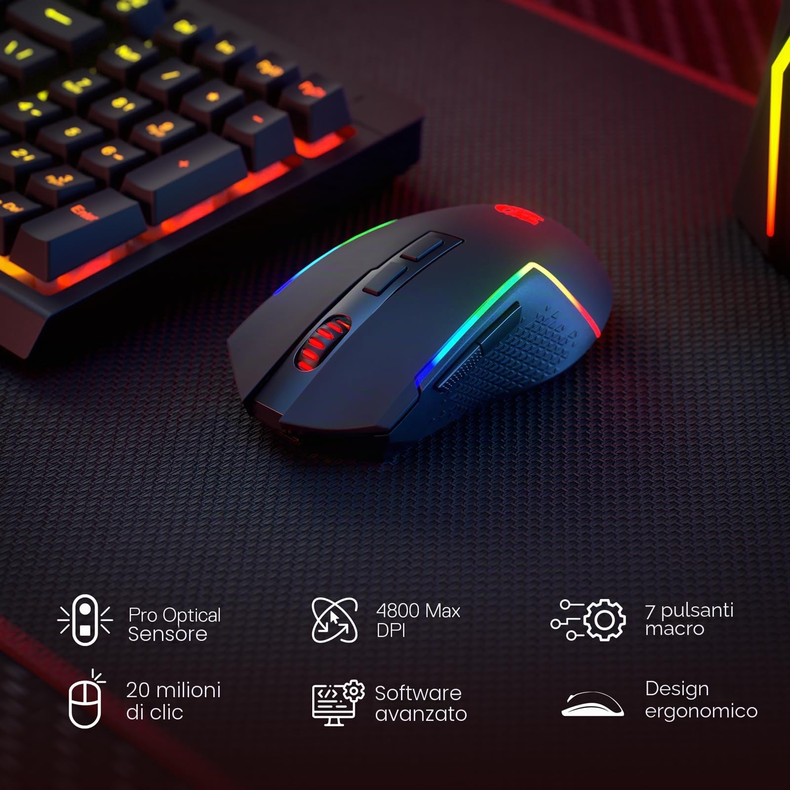 Redragon BS142 - Tastiera e mouse da gioco senza fili, tastiera K515 PRO RGB e mouse da gioco M693 Pro, 98 tasti, US LAYOUT