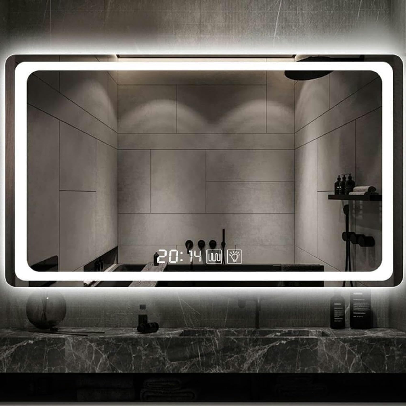 Miroir mural rectangulaire LED salle de bain antibuée tactile avec heure et température