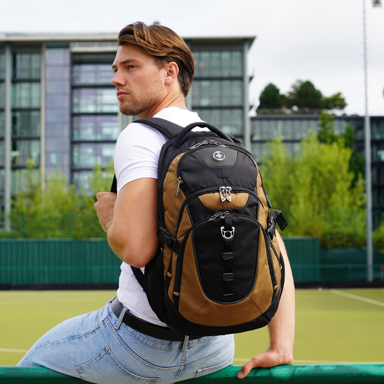 Swissdigital Design Laptop Backpack with USB Charging Port, Travel Backpack Fits 15.6 inches Computer, 31L College School Backpack for Men, Tan/Black | SD803-34 - Image 9