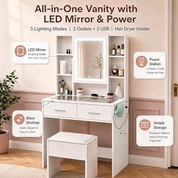 Karl home White Dressing Table with LED Mirror and Stool Set