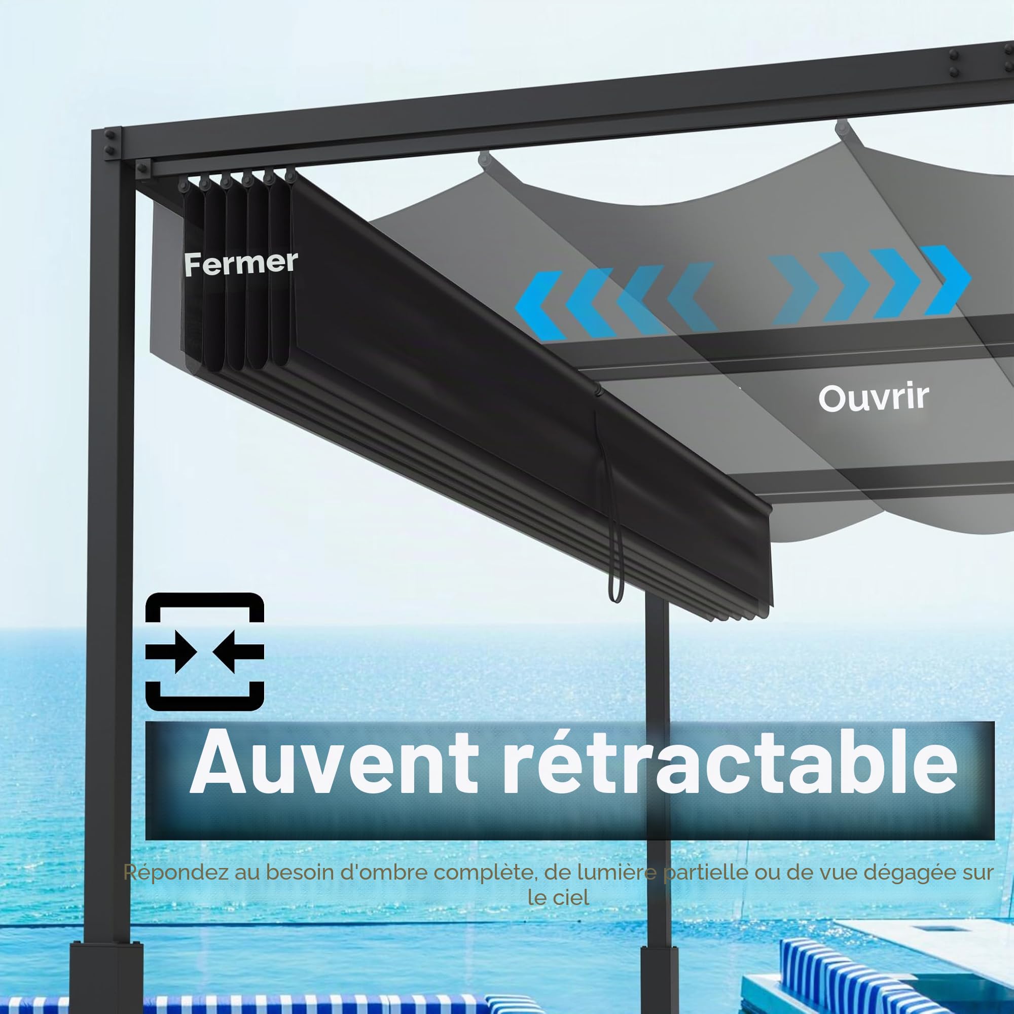 UISEBRT Pergola métallique 3x4 m étanche stable Résistante à l'hiver, pavillon avec toit à lamelles, abris de jardin autoportant avec toit coulissant, protection solaire pour jardins et terrasses