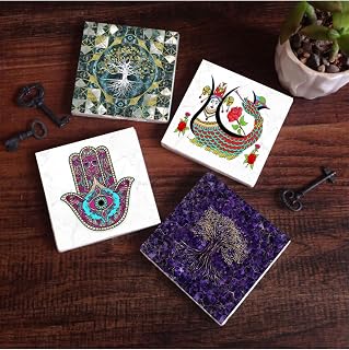 Hayat Ağacı, Fatma Ana Eli (Hamsa), Şahmeran Taş Bardak Altlığı Seti - 4 Parça - Dekoratif, Rustik Mutfak Aksesuarı, 10x10 cm, Kaydırmaz Tabanlı, Şık ve Dayanıklı SC489