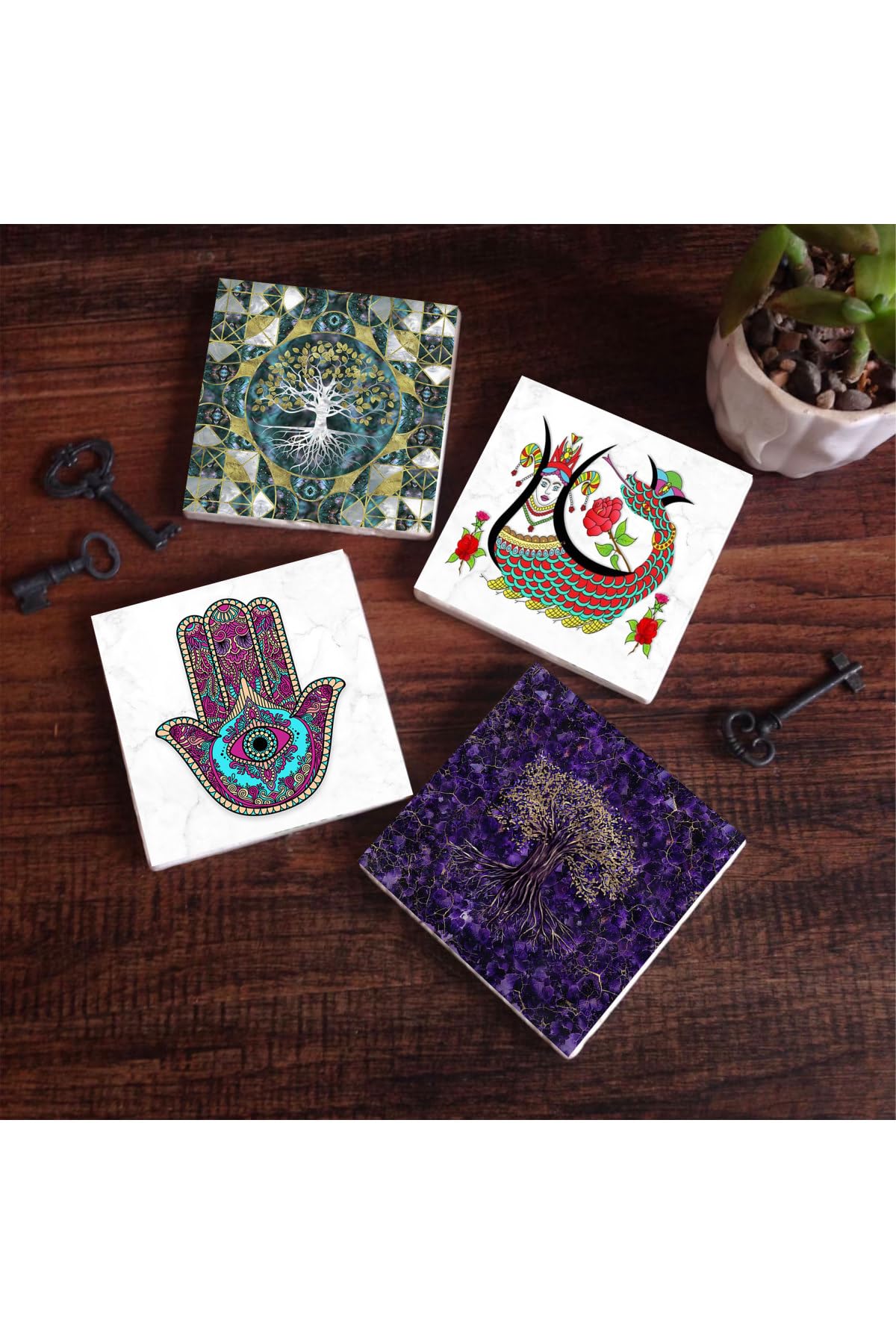 Pinecone Stone Hayat Ağacı, Fatma Ana Eli (Hamsa), Şahmeran Taş Bardak Altlığı Seti - 4 Parça - Dekoratif, Rustik Mutfak Aksesuarı, 10x10 cm, Kaydırmaz Tabanlı, Şık ve Dayanıklı SC489