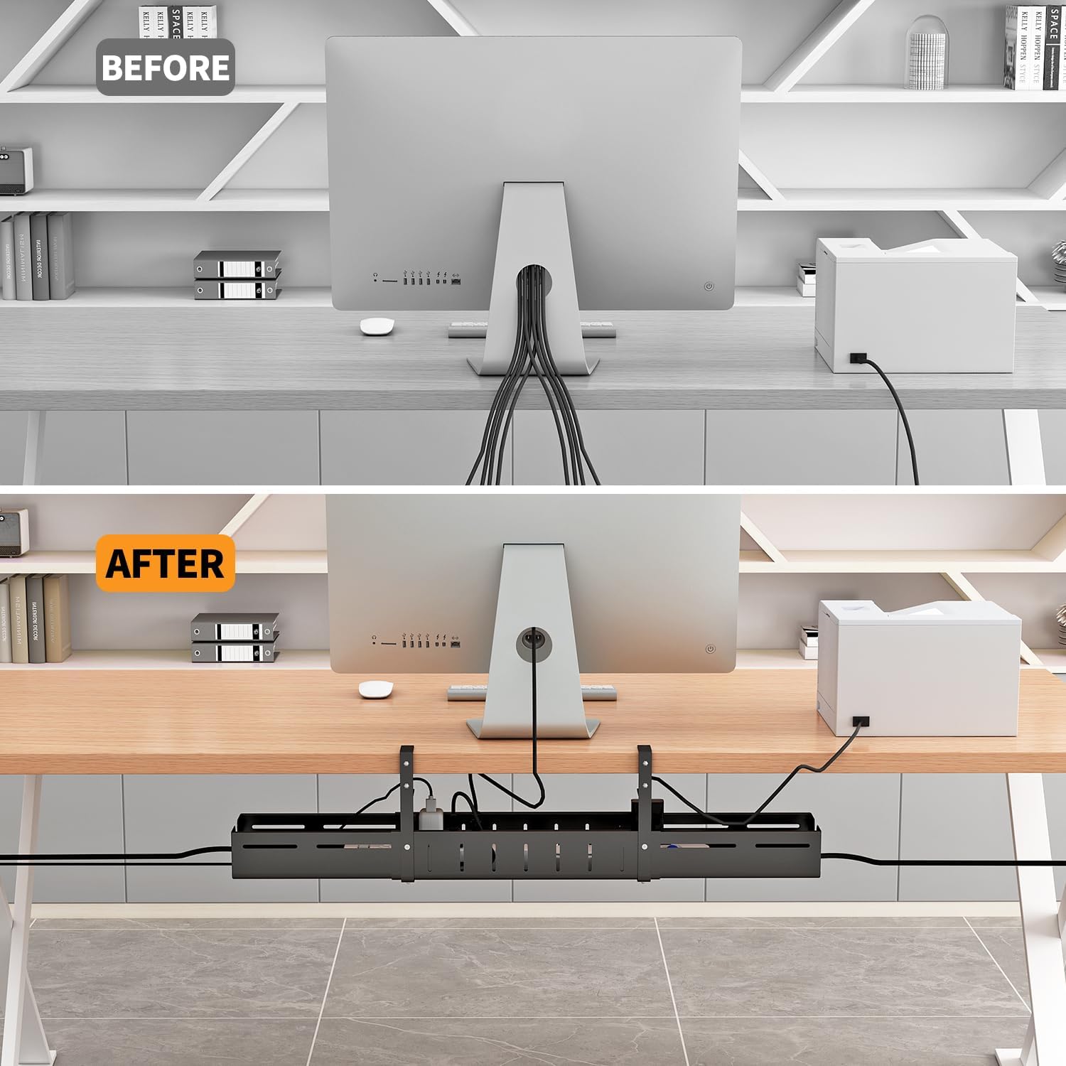 Under Desk Cable Management Tray, Expandable Length 25.2"-38.6",No Drill No Damage to Desk,Cable Tray with Clamp for with Wire Management,for Cord Organizer for Home Office Standing Desk, Black