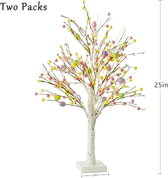 Ethlomoer Easter Decorations, 2 Pcs 25 Inch Pre-Lit Easter Egg Tree with Timer, Battery Powered Birch Tree with 24 LED Lights, Easter Trees for Home Party Wedding Holiday Spring Decoration