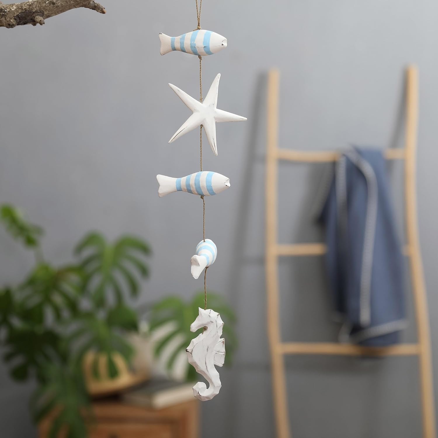 NOVICA Artisan Handmade Wood Mobile Marinethemed White Blue Albesia Woodnatural Fiber Indonesia Decor Accessories Home Accents Painted Animal Sea Life 'Aquatic Realm in Blue'