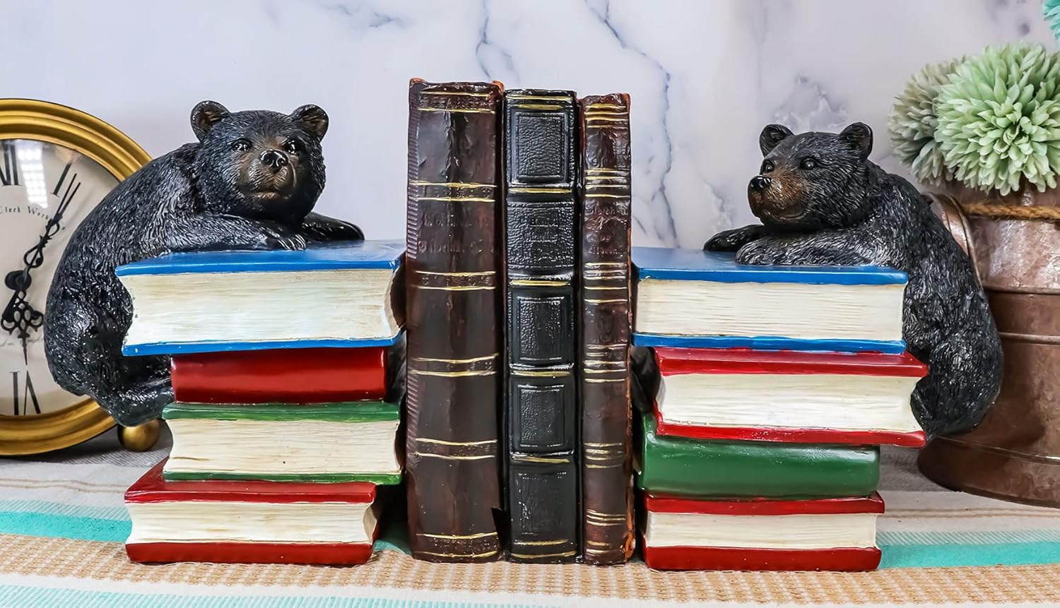 Ebros Gift Rustic Wildlife Bear Cubs Climbing Stack of Books Bookends Pair Resin Figurine 6.5" High Decorative Bears Statue Set Home and Office Cabin Lodge Mountain Resort Decor Book Organizer Accent