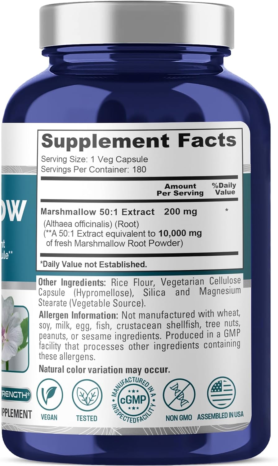 NusaPure Marshmallow Root 50:1 Extract, 200 mg Equivalent to 10,000mg Per Veggie Caps 180 Count (Non-GMO, Vegan) Bioperine - Image 2