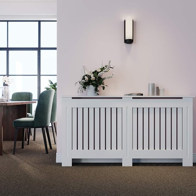 ELEGANT Radiator Cover Vertical Slat Radiator Shelve White Painted Modern MDF Cabinet for Living Room Bedroom, Large