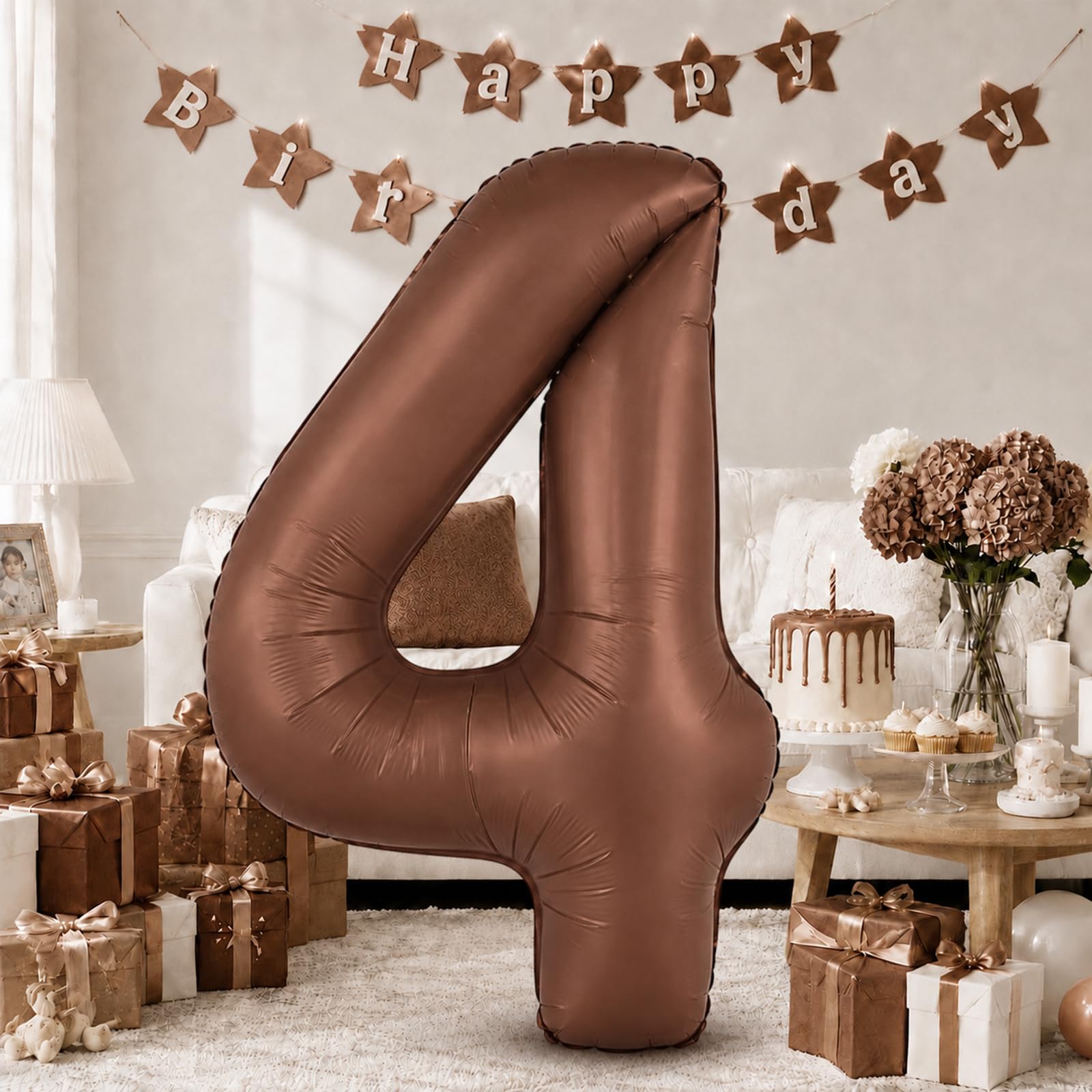 40 Inch Dark Brown Number Balloon 4, Large Self Inflating Chocolate Brown Foil 4 Number Balloons 0-9, Digital 4 Helium Balloons Set for Girls Boys 4th Birthday Boho Women Anniversary Party Decorations
